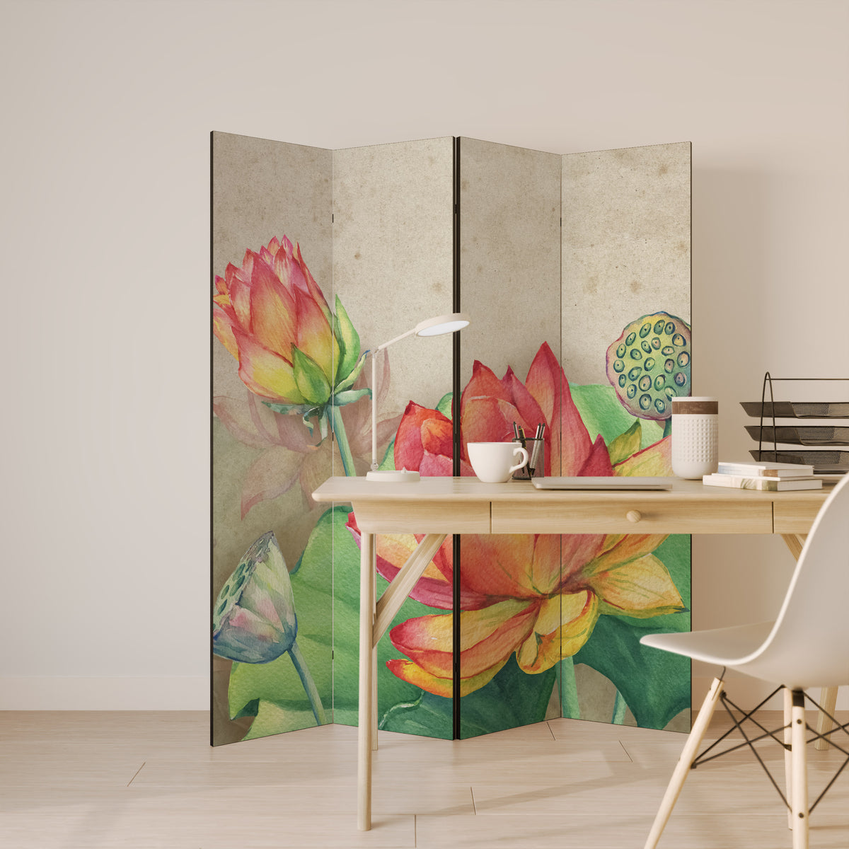 WHISPERING LOTUS BLOOMS Biombo de 4 paneles