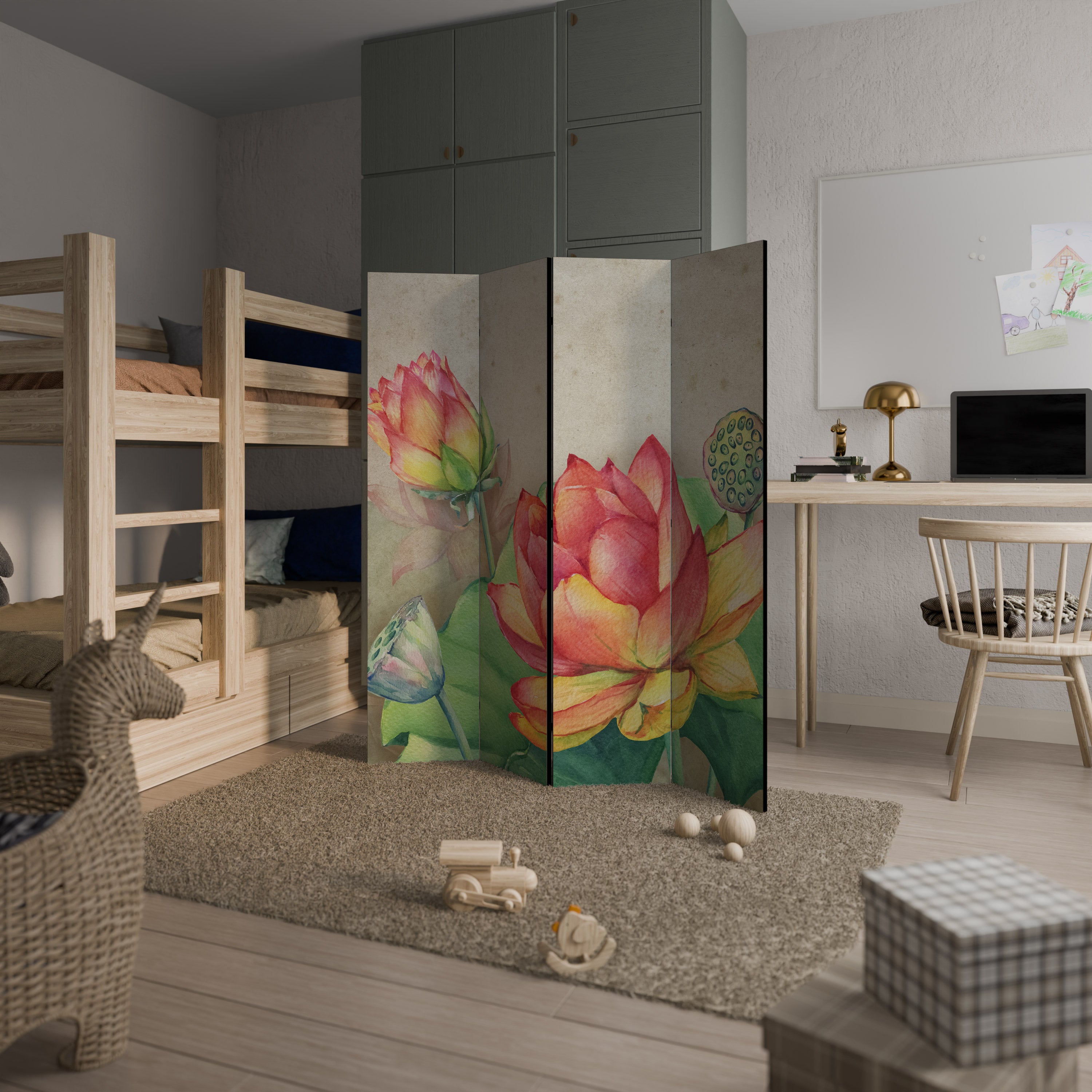 WHISPERING LOTUS BLOOMS Biombo de 4 paneles