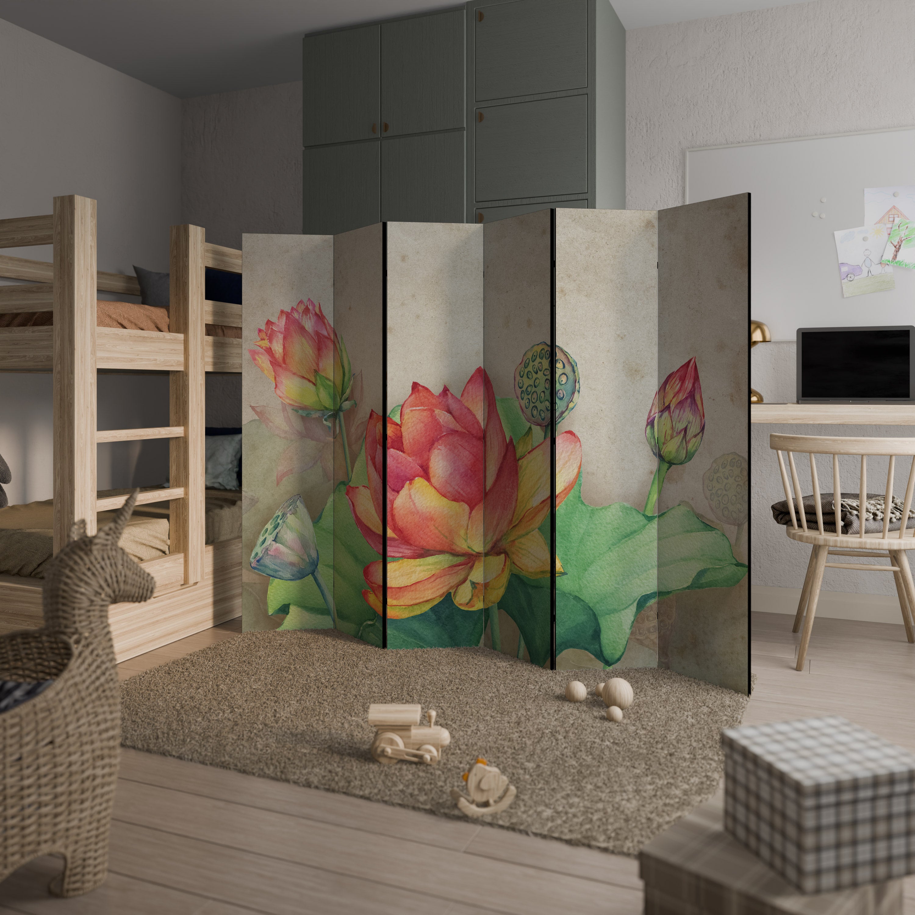 WHISPERING LOTUS BLOOMS Decorative 6-Panel Room Divider
