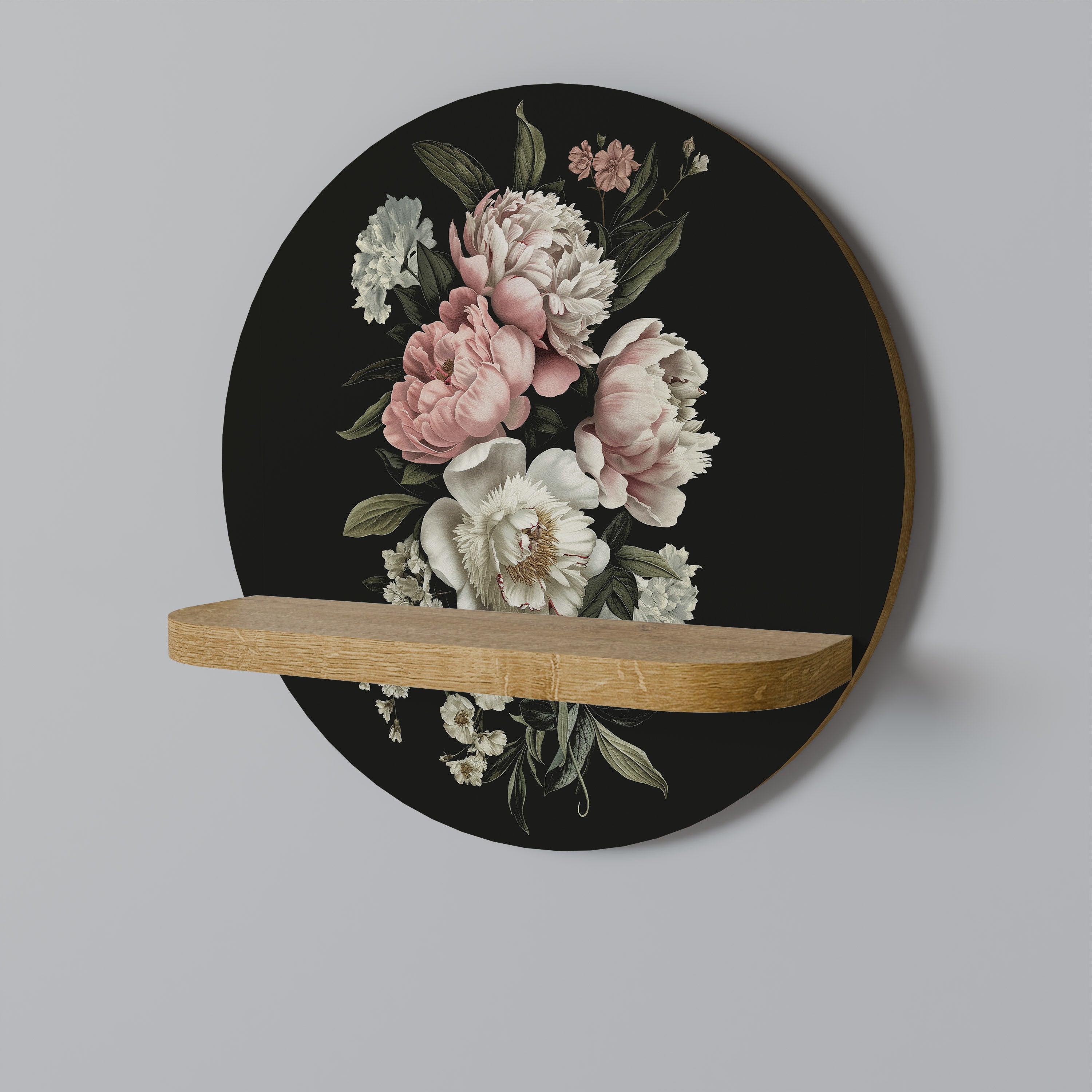 Estantería de arte redonda con efecto roble y elegancia exuberante