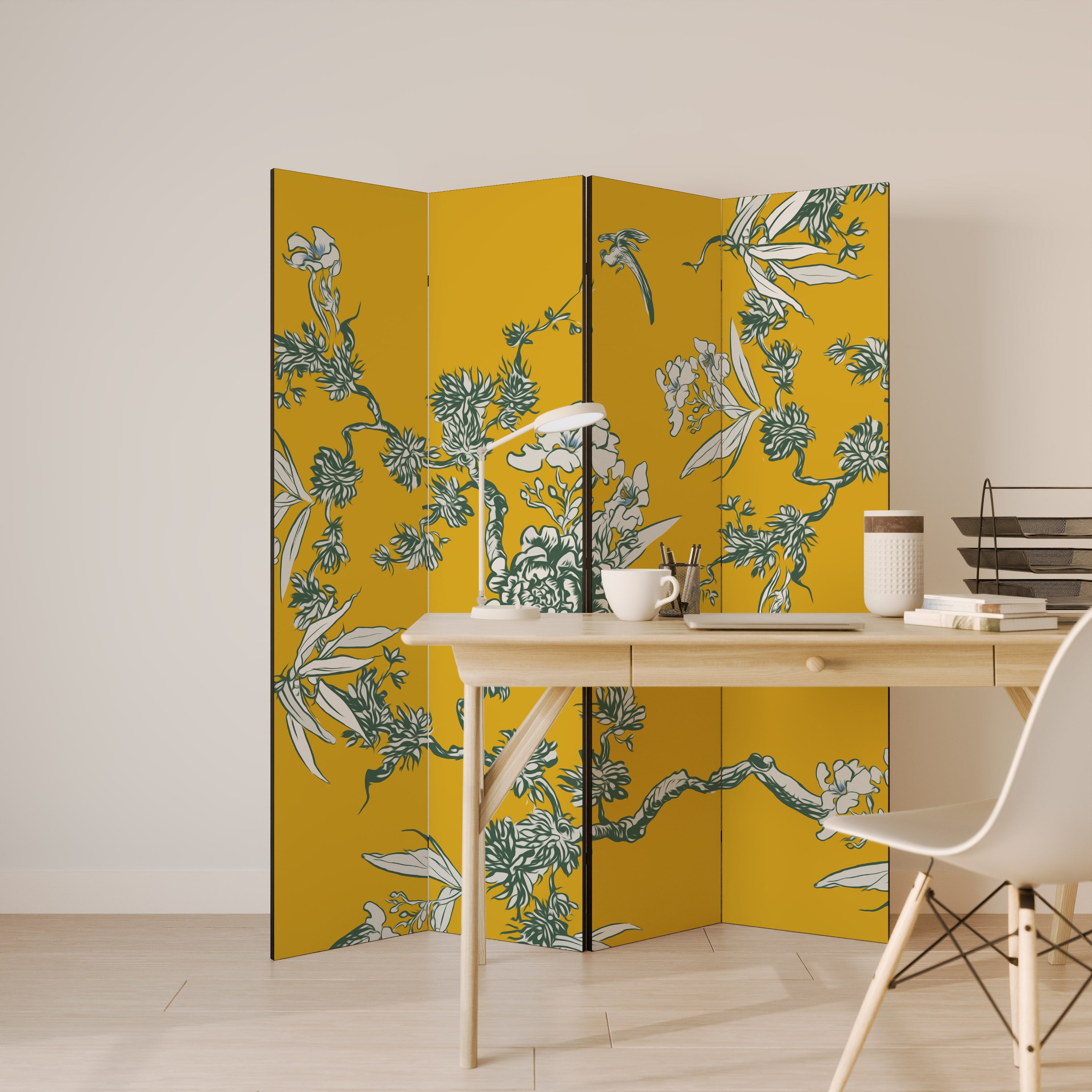 YELLOW CHINOISERIE Biombo de 4 paneles