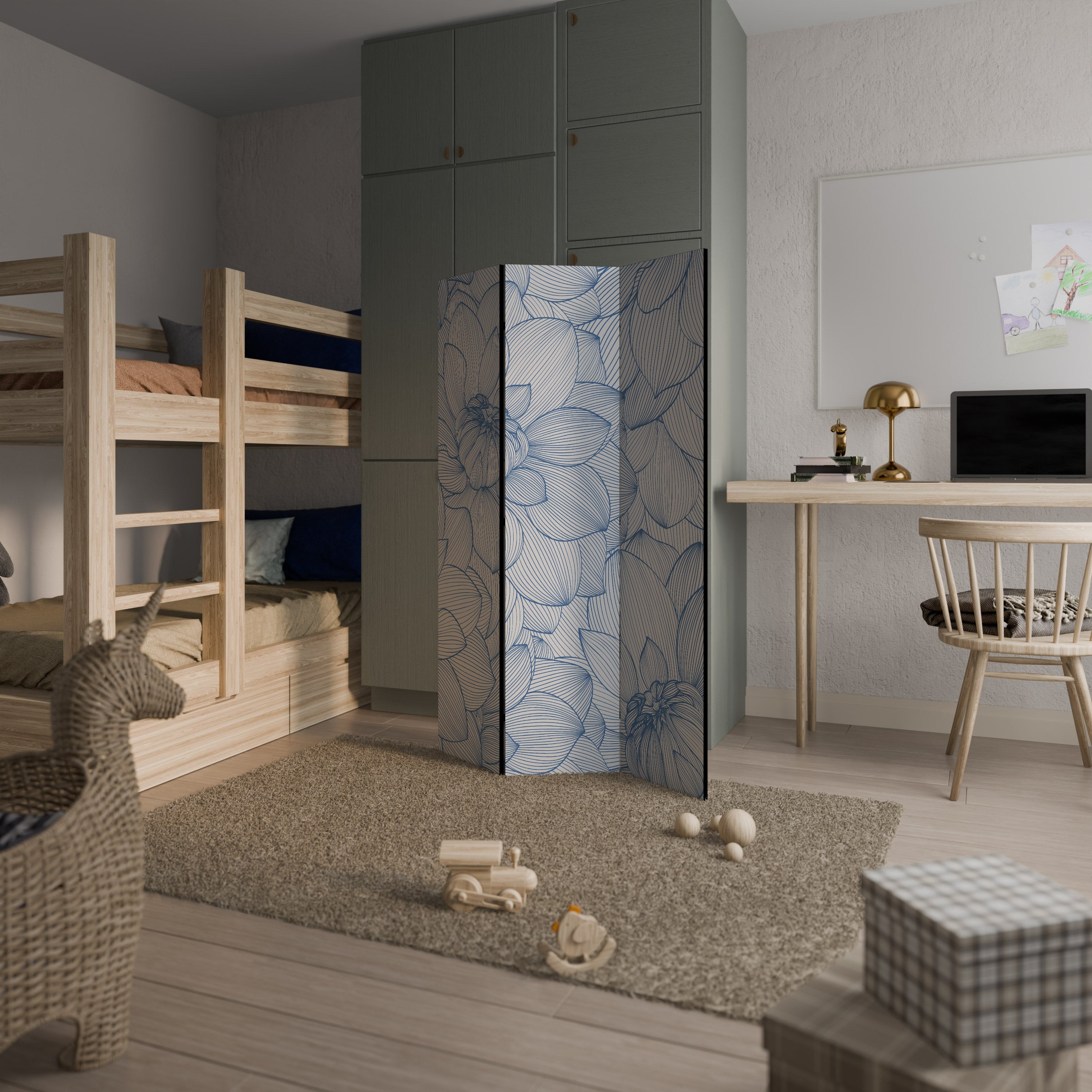 LUSH LINEAR BLOOMS Biombo de 3 paneles