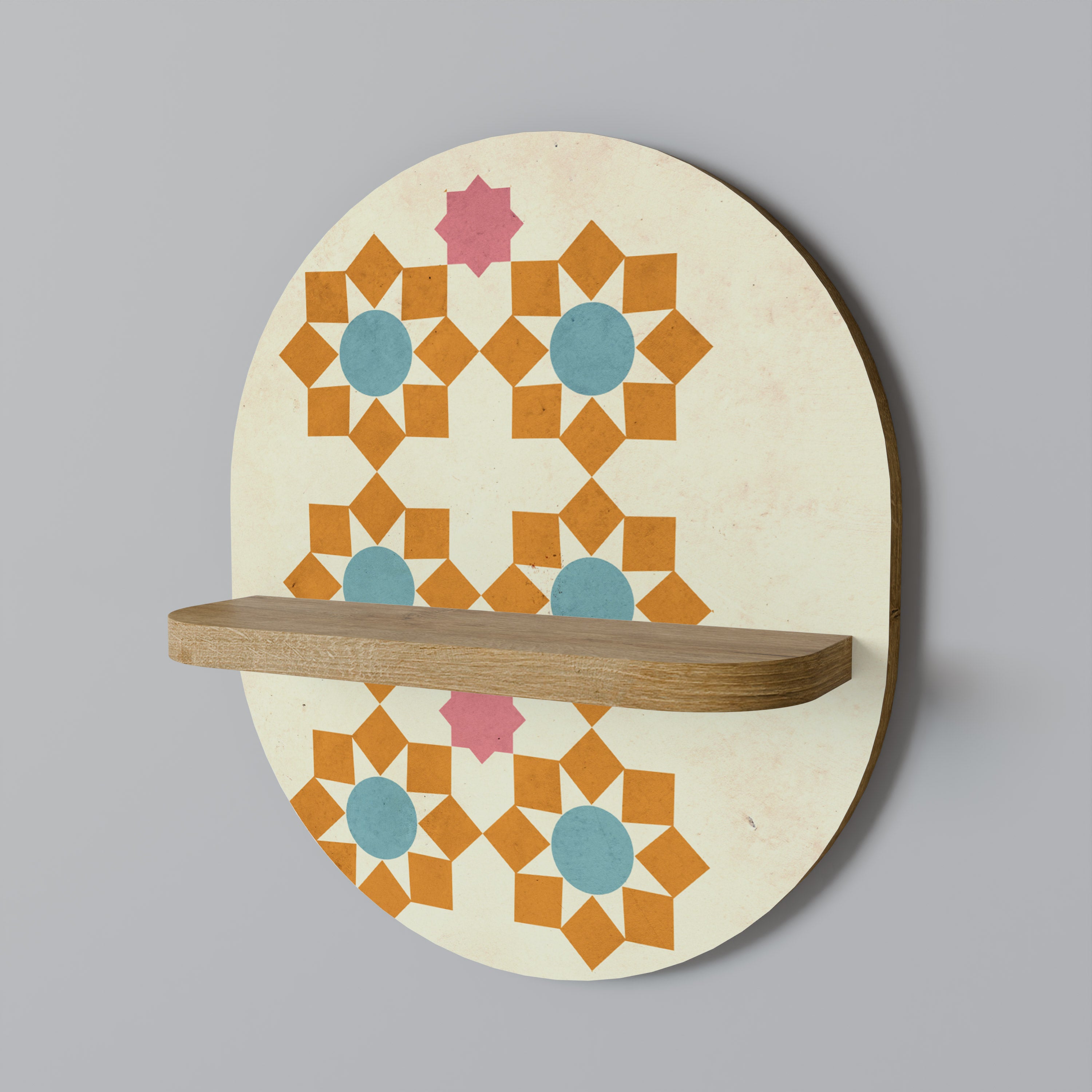 Estantería de arte ovalada con efecto roble para decoración floral