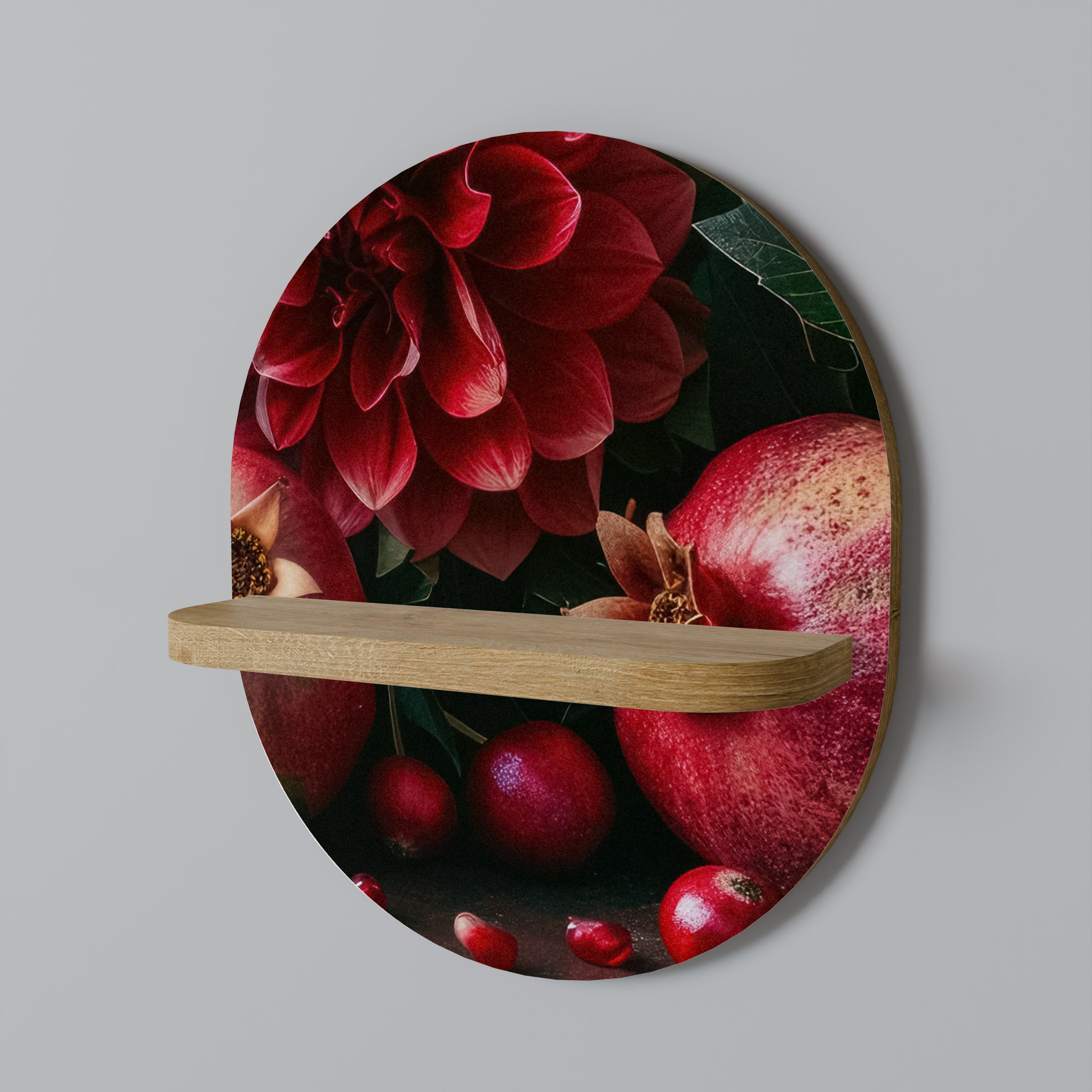 DAHLIAS AND POMEGRANATES Oval Art Shelf In Oak Effect