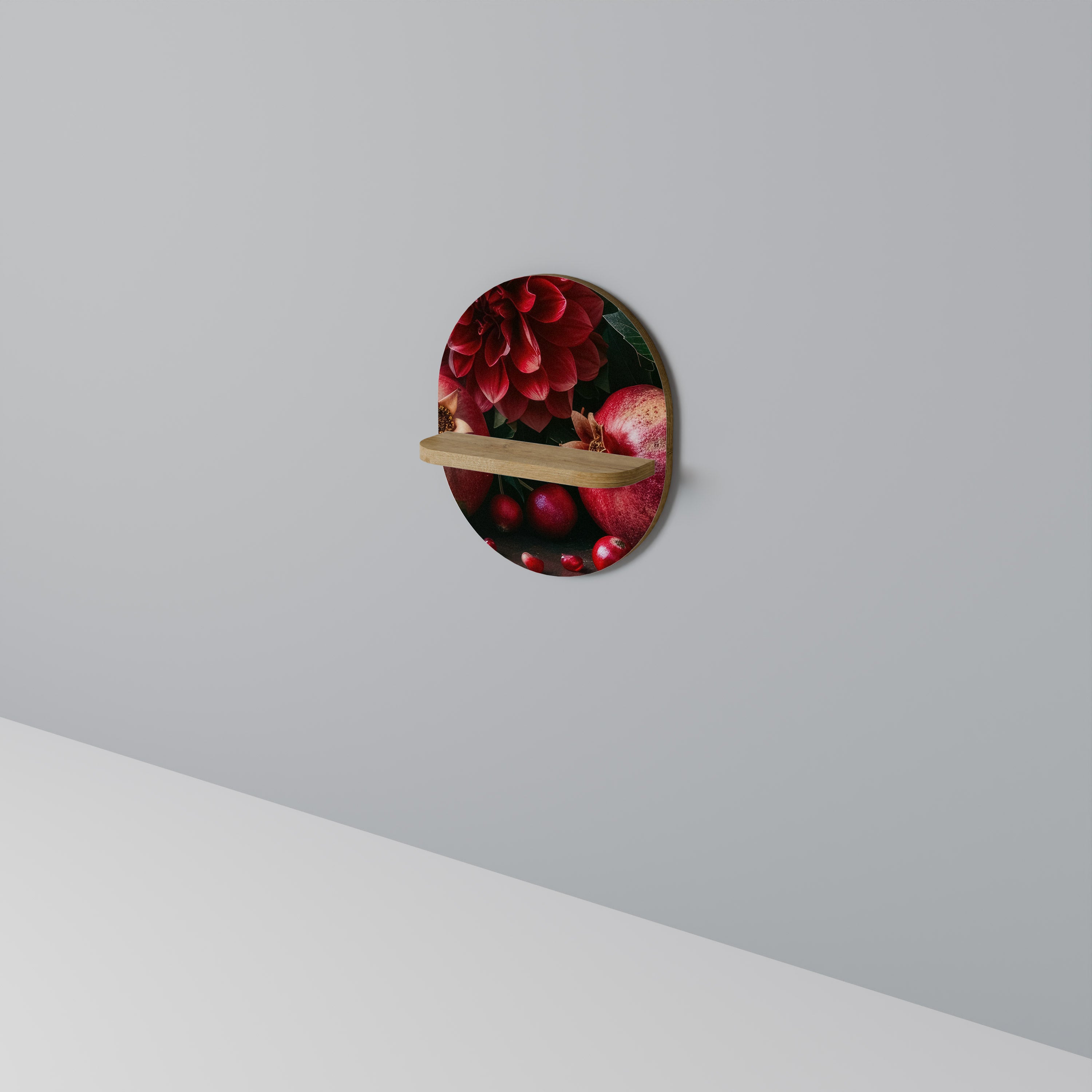 DAHLIAS AND POMEGRANATES Oval Art Shelf In Oak Effect