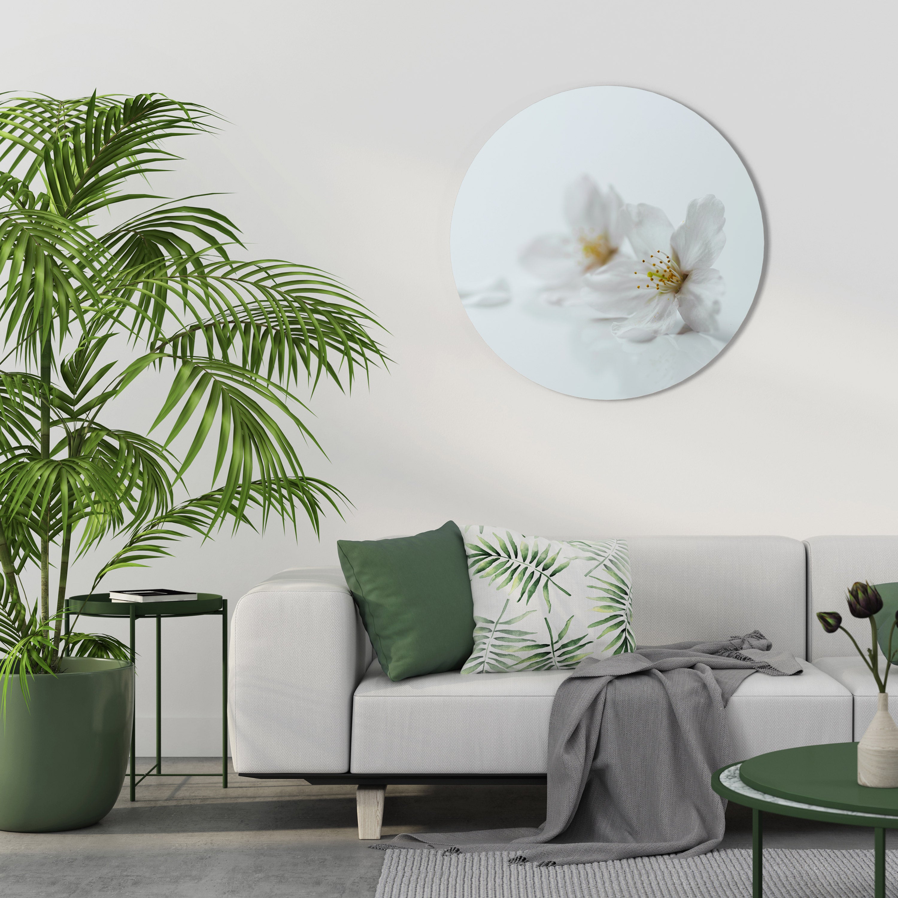 PÉTALOS BLANCOS FUGACES Arte de pared redondo