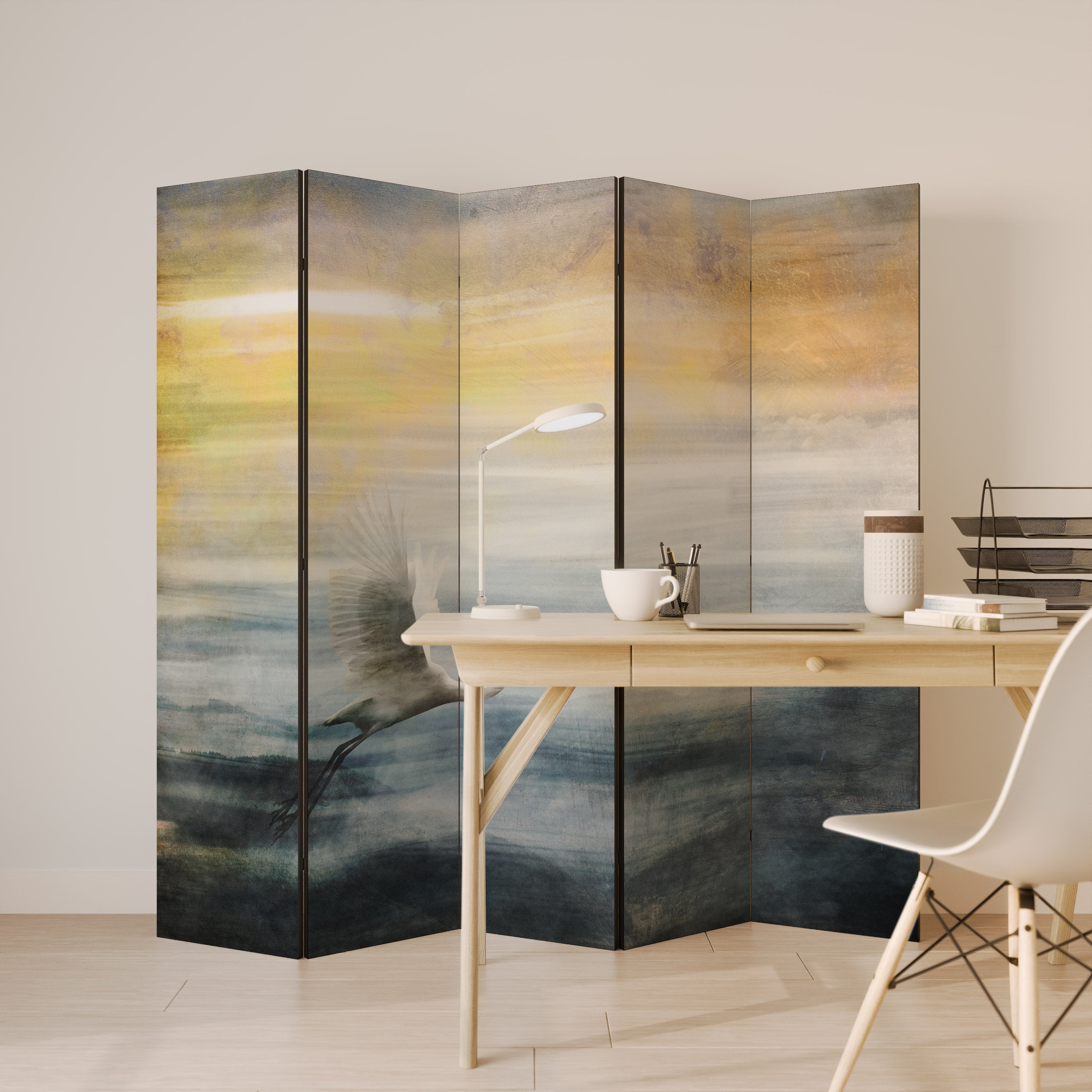 HERON IN FLY Decorative 5-Panel Room Divider