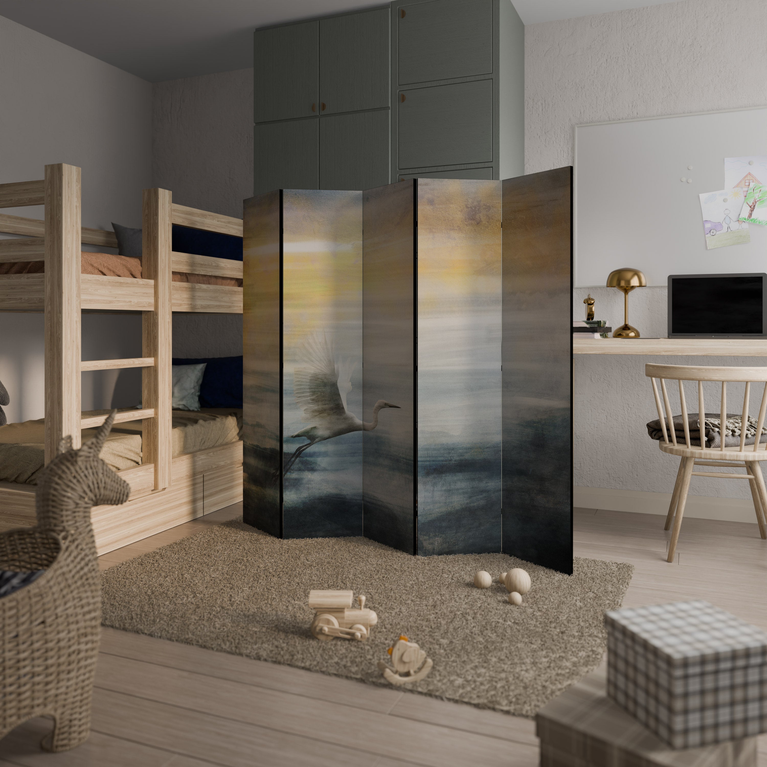 HERON IN FLY Decorative 5-Panel Room Divider