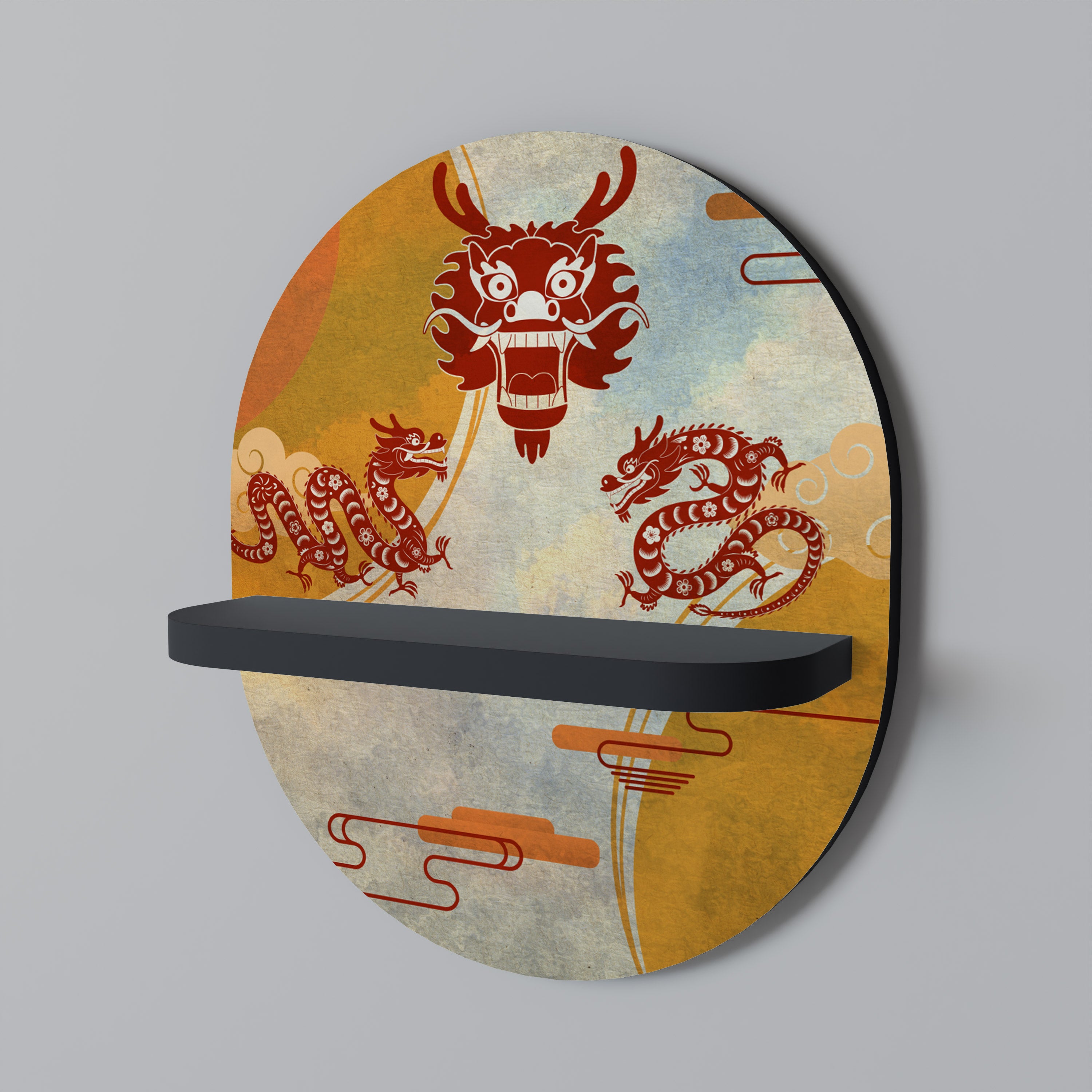 MYSTICAL DRAGON Oval Art Shelf In Black Finish