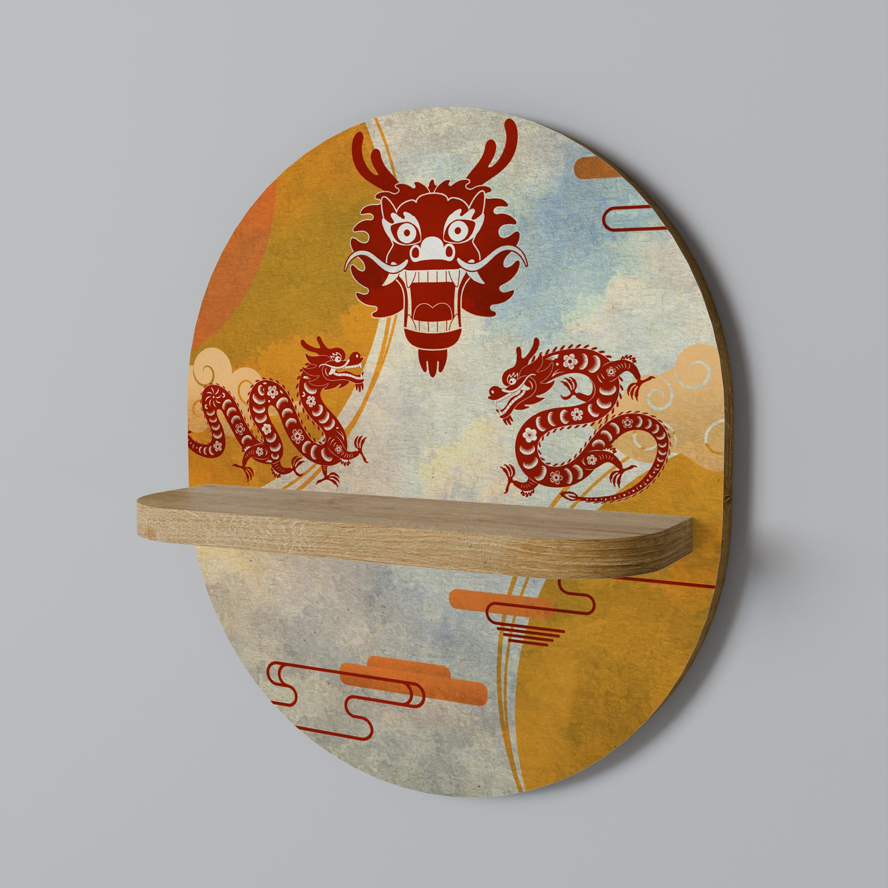 MYSTICAL DRAGON Oval Art Shelf In Oak Effect