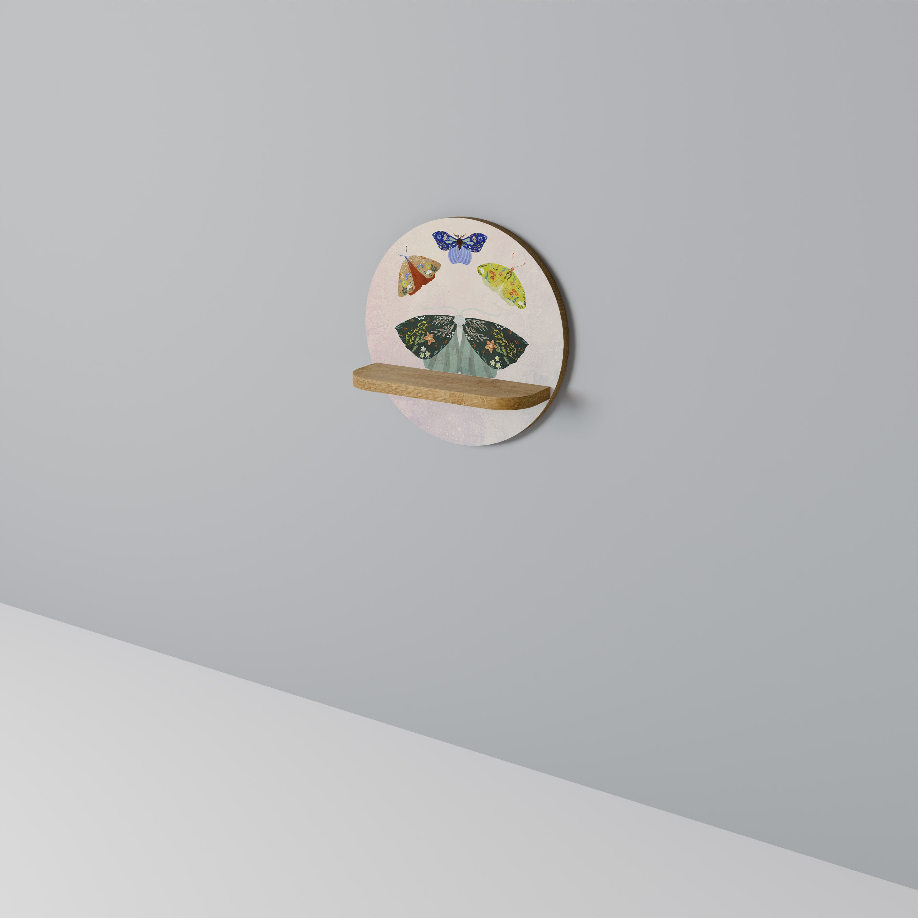 MOTH INTO THE LIGHT Round Art Shelf In Oak Effect