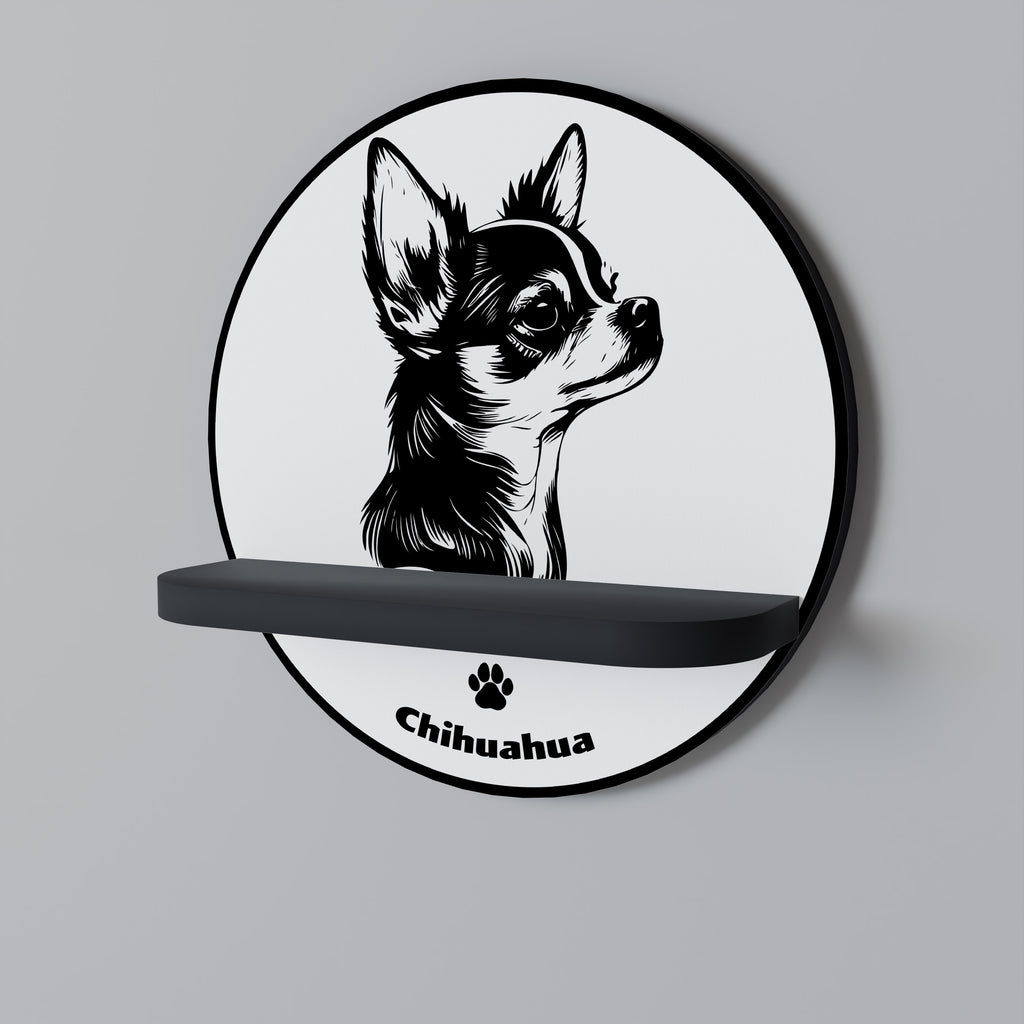 Estantería de arte redonda con diseño de perro chihuahua en acabado negro