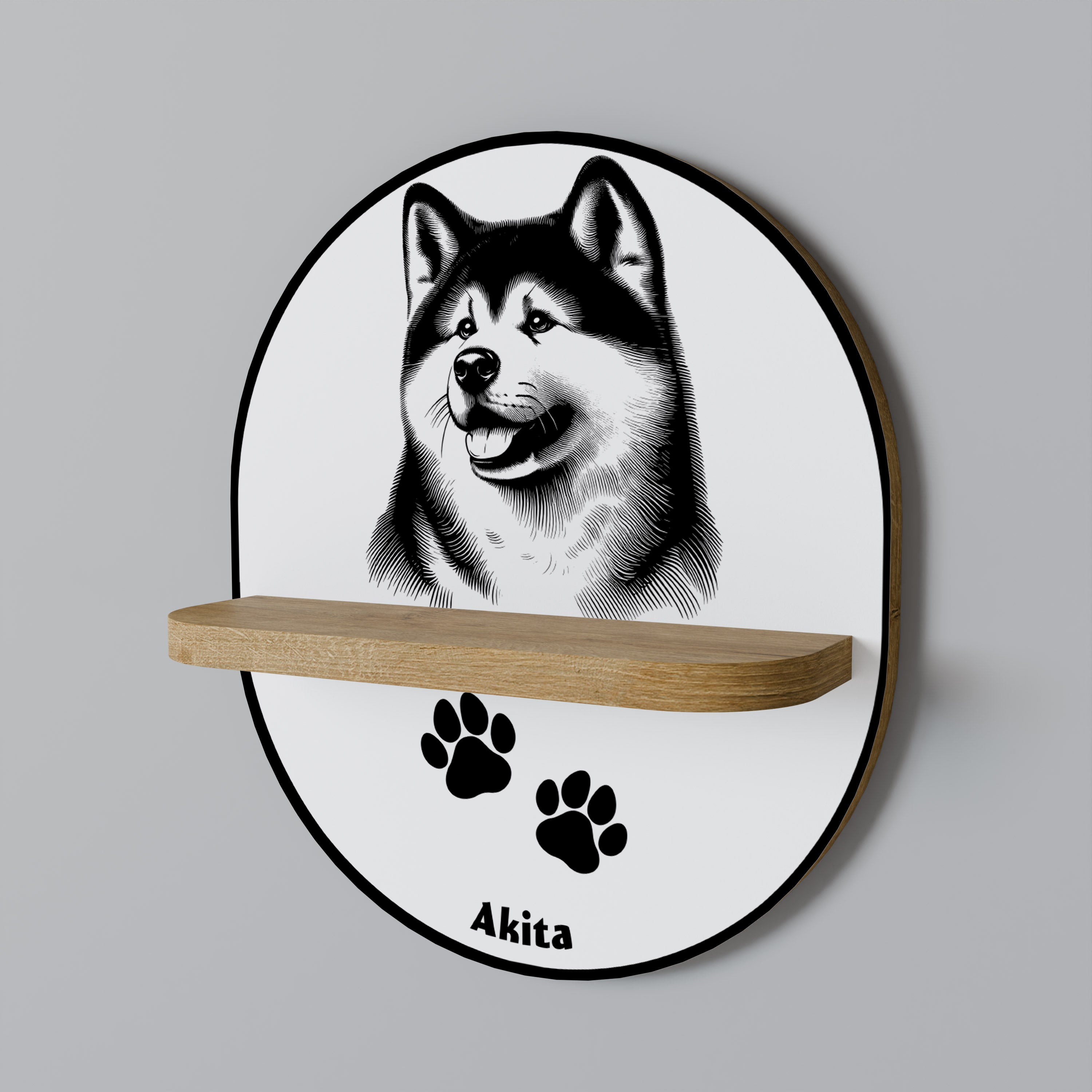 AKITA DOG Oval Art Shelf In Oak Effect