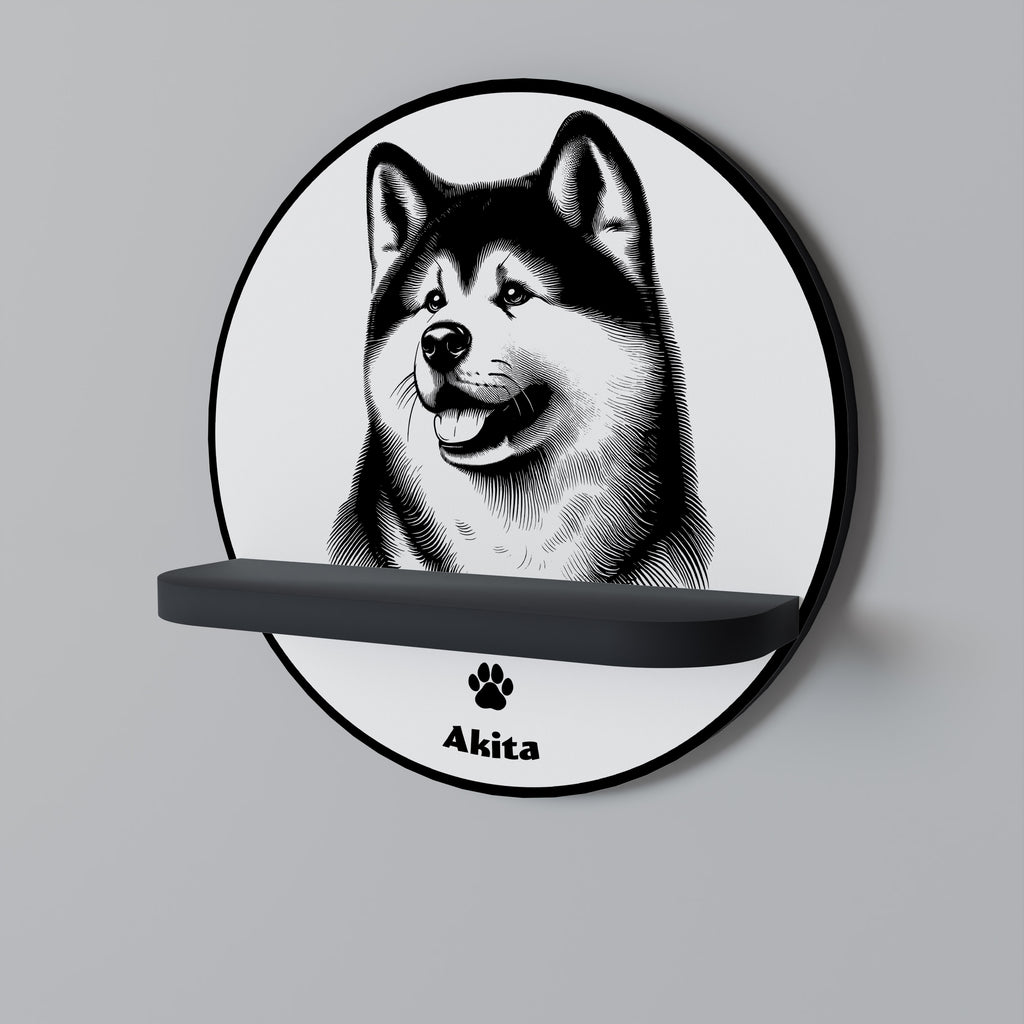 AKITA DOG Round Art Shelf In Black Finish