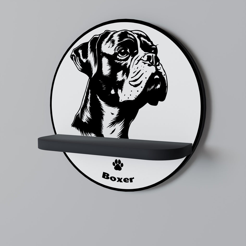Estantería redonda de arte con diseño de perro boxer en acabado negro