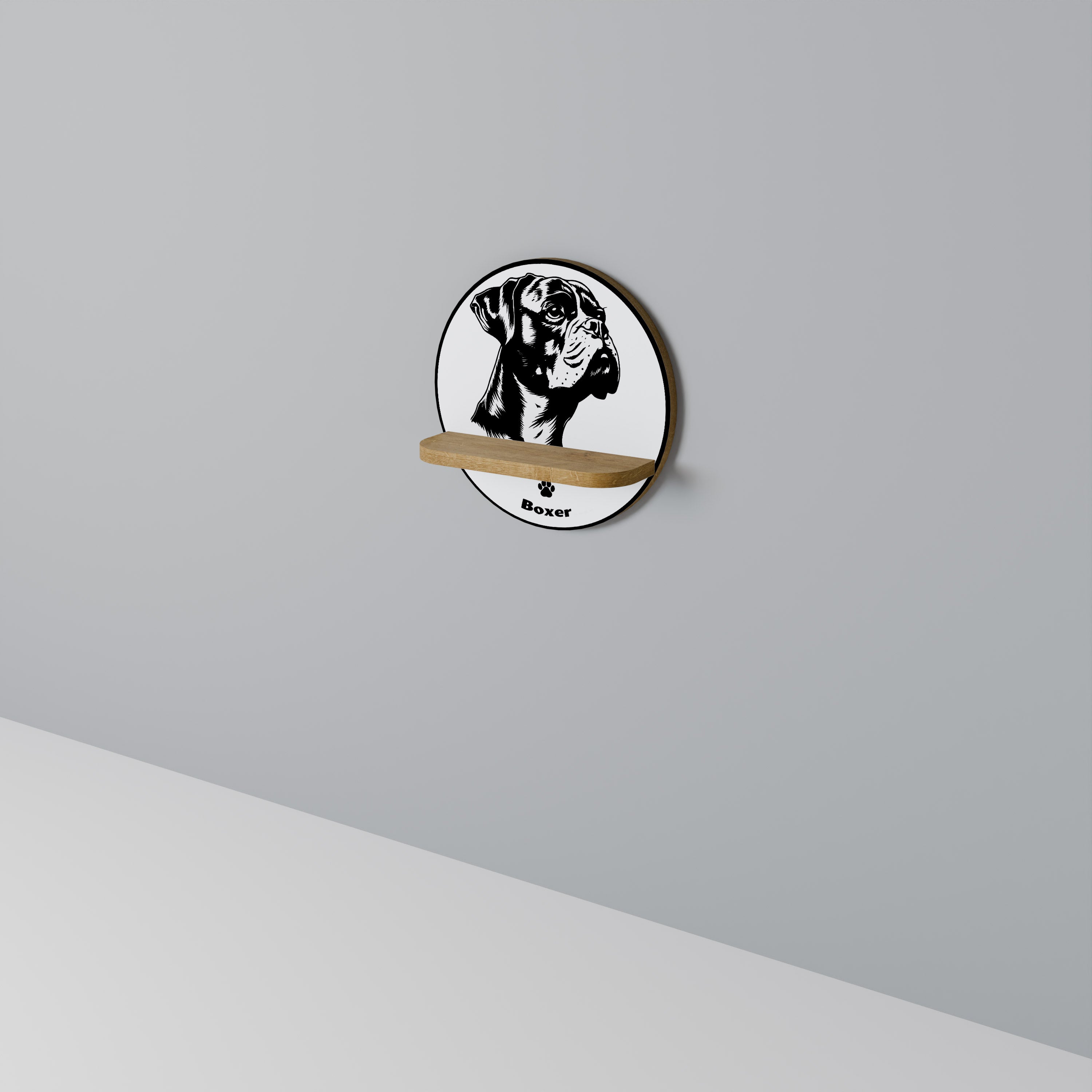 BOXER DOG Round Art Shelf In Oak Effect