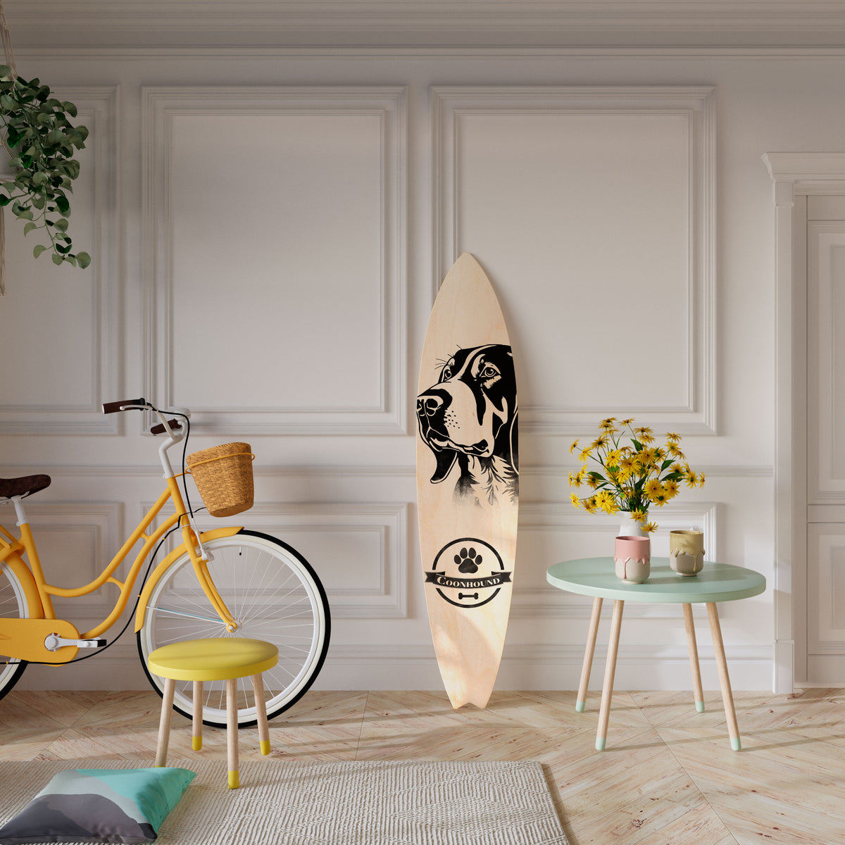 COONHOUND DOG Panel decorativo de tabla de surf