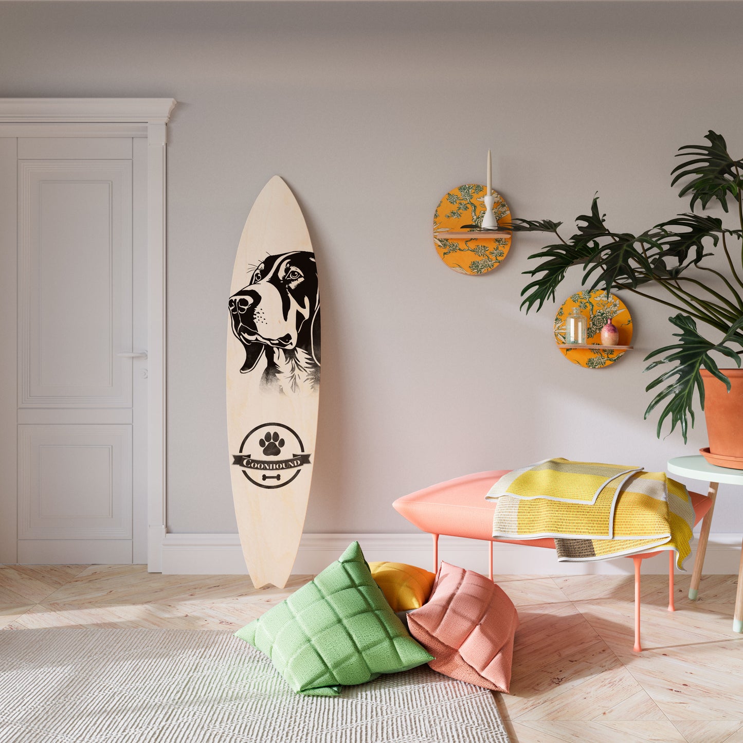COONHOUND DOG Panel decorativo de tabla de surf