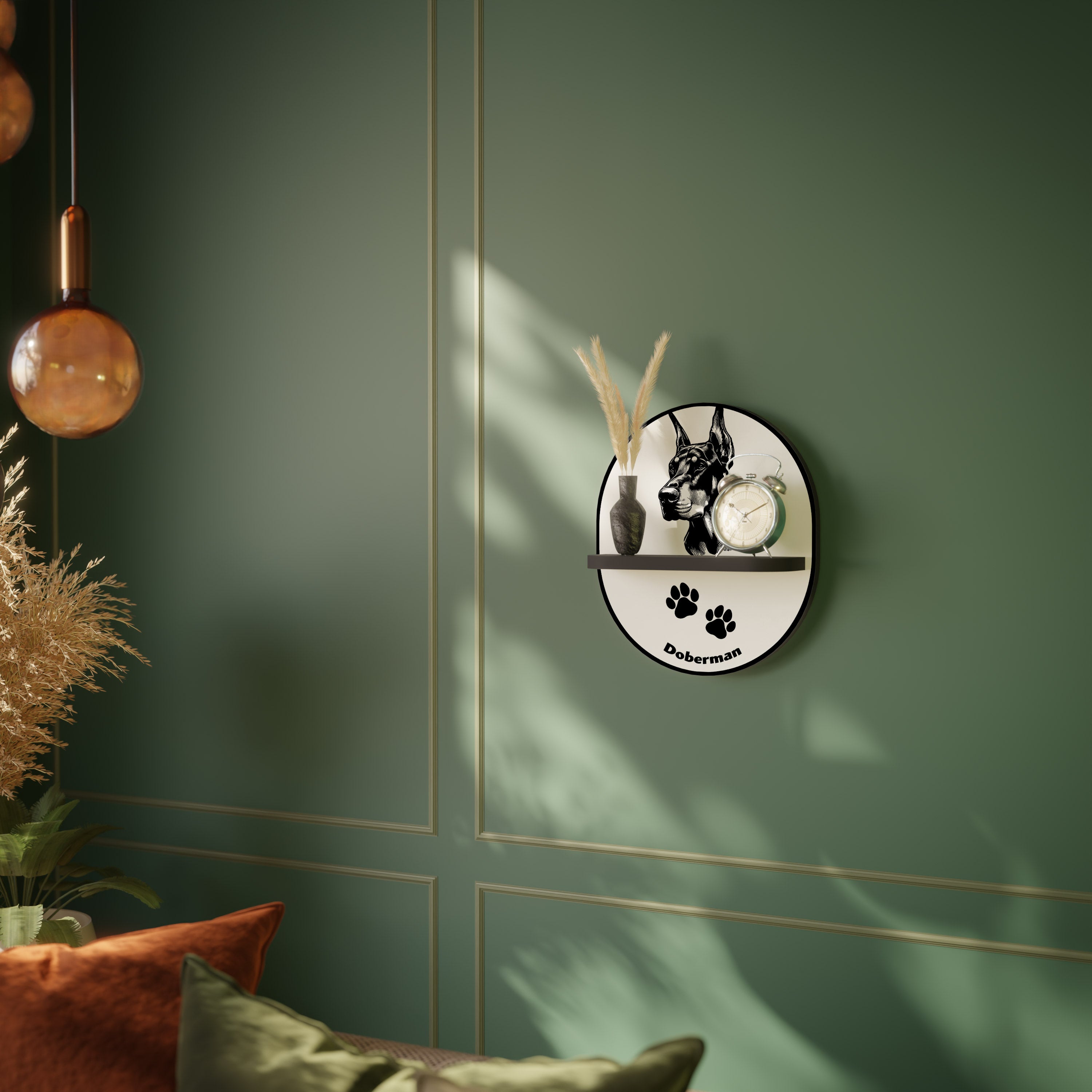 DOBERMAN DOG Oval Art Shelf In Black Finish