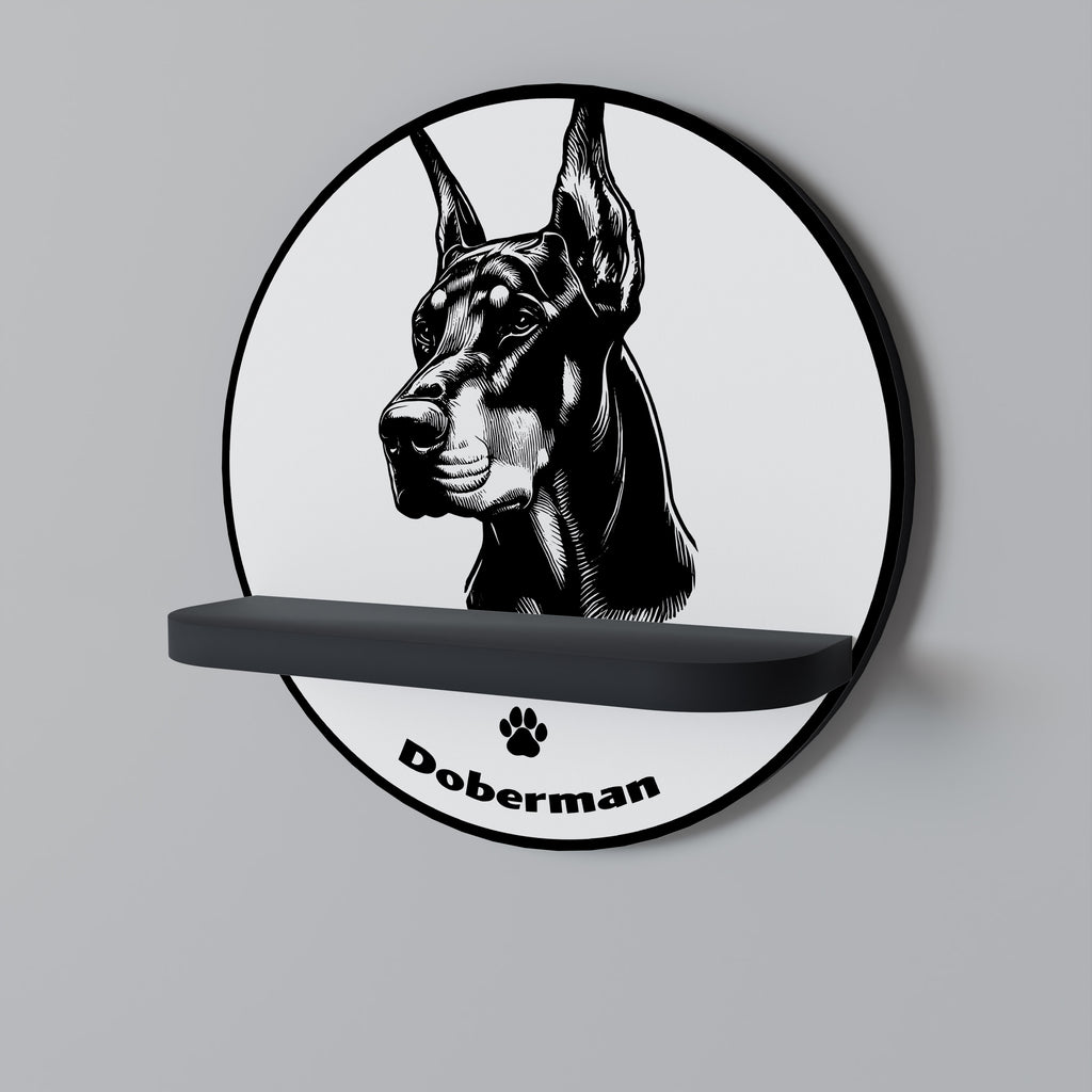 Estantería redonda de arte con diseño de perro dóberman en acabado negro