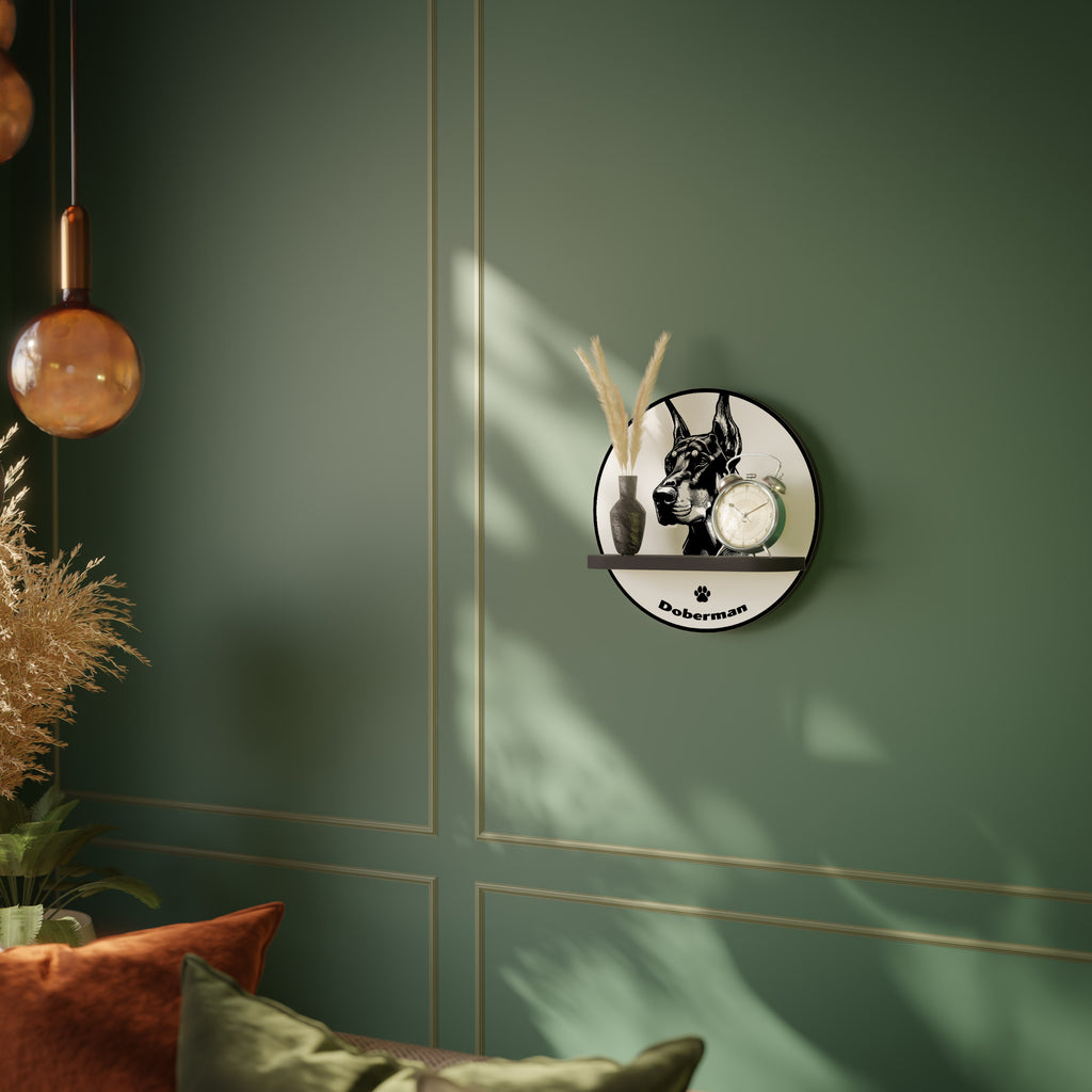 Estantería redonda de arte con diseño de perro dóberman en acabado negro