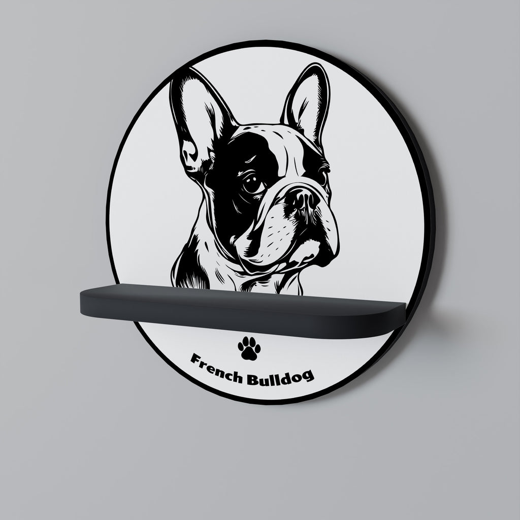 Estantería redonda de arte con diseño de bulldog francés en acabado negro