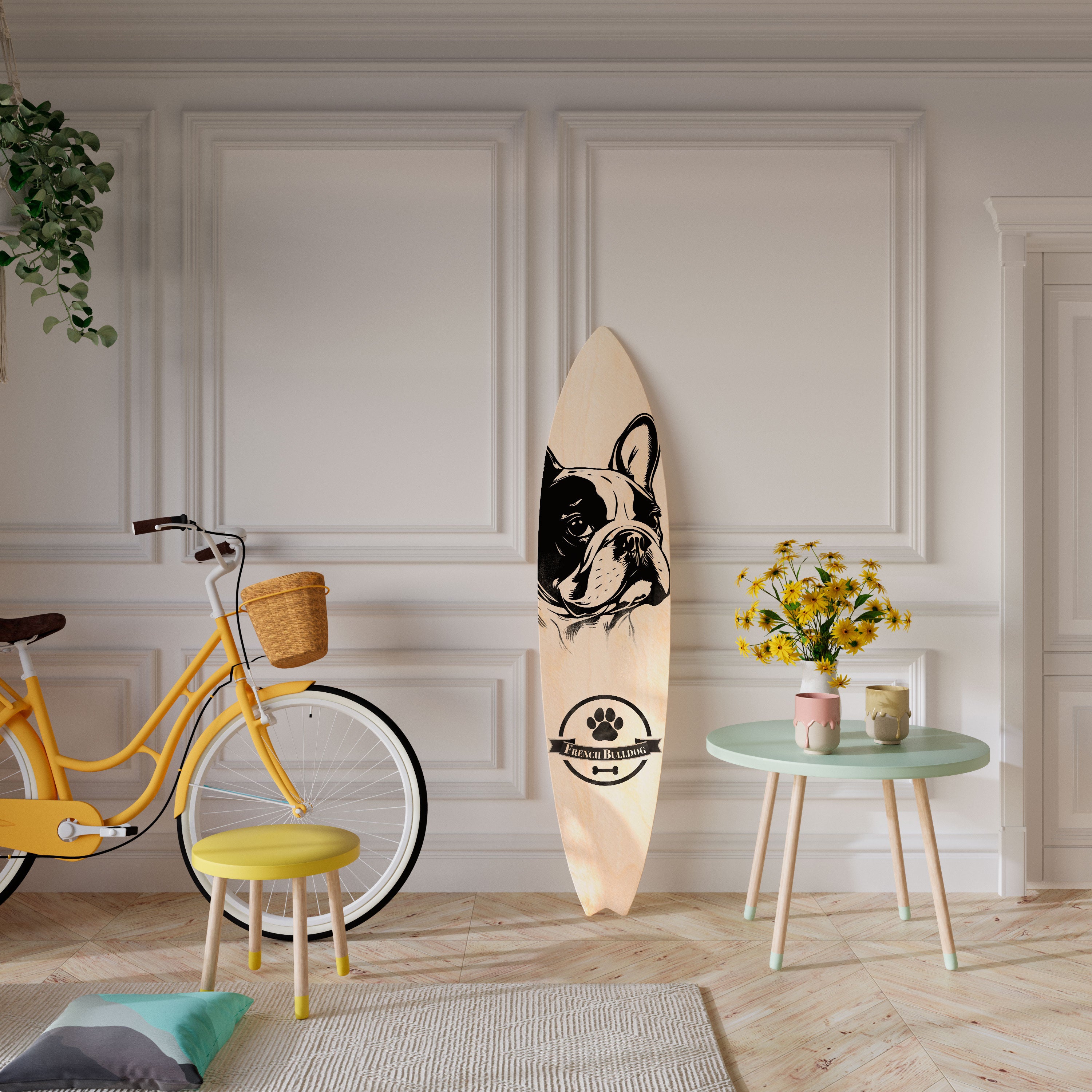 FRENCH BULLDOG Panel decorativo de tabla de surf