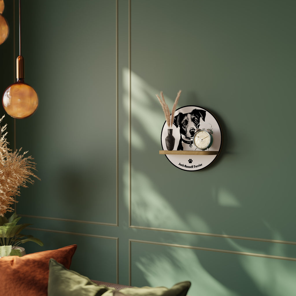 JACK RUSSEL TERRIER Round Art Shelf In Oak Effect