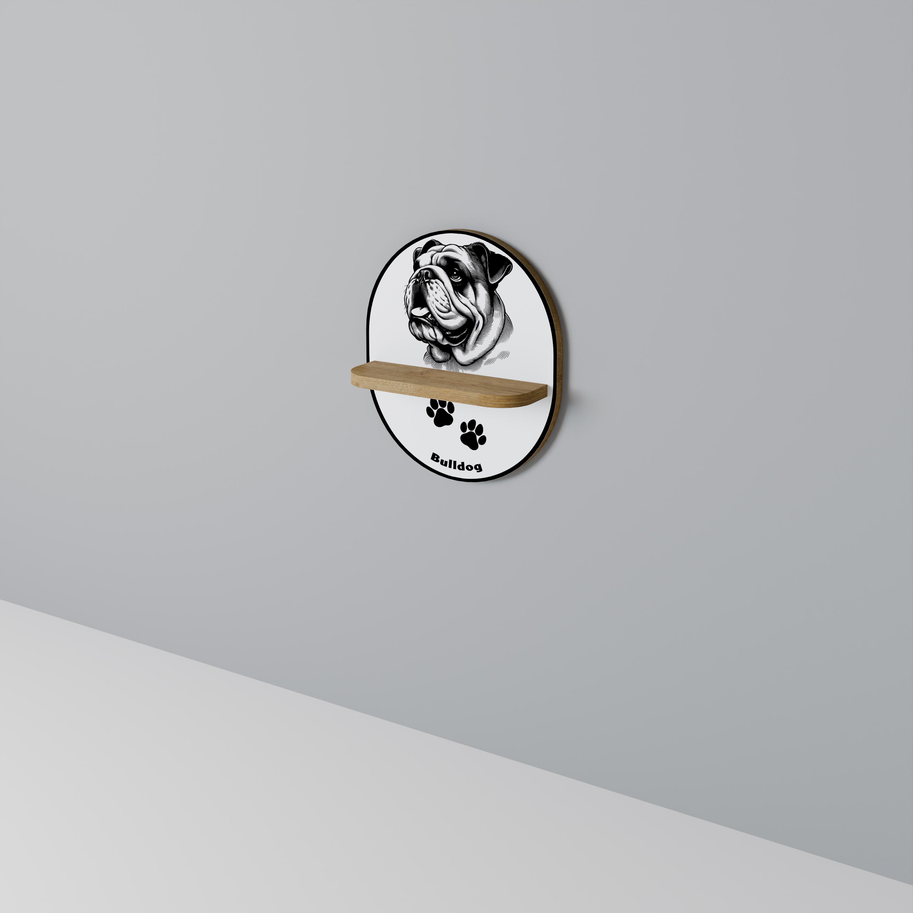 BULLDOG DOG Oval Art Shelf In Oak Effect