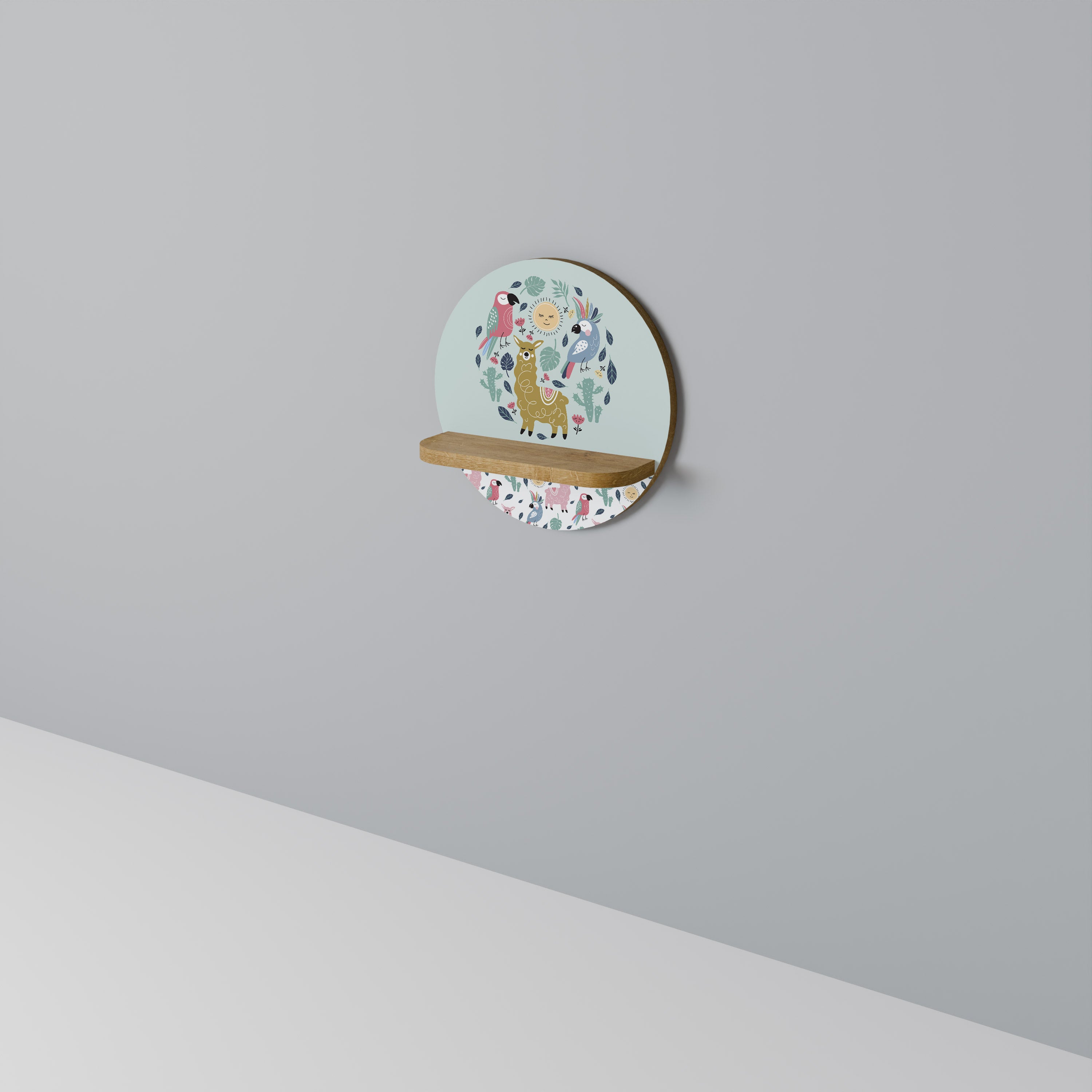 COLORFUL ALPACAS Round Art Shelf In Oak Effect