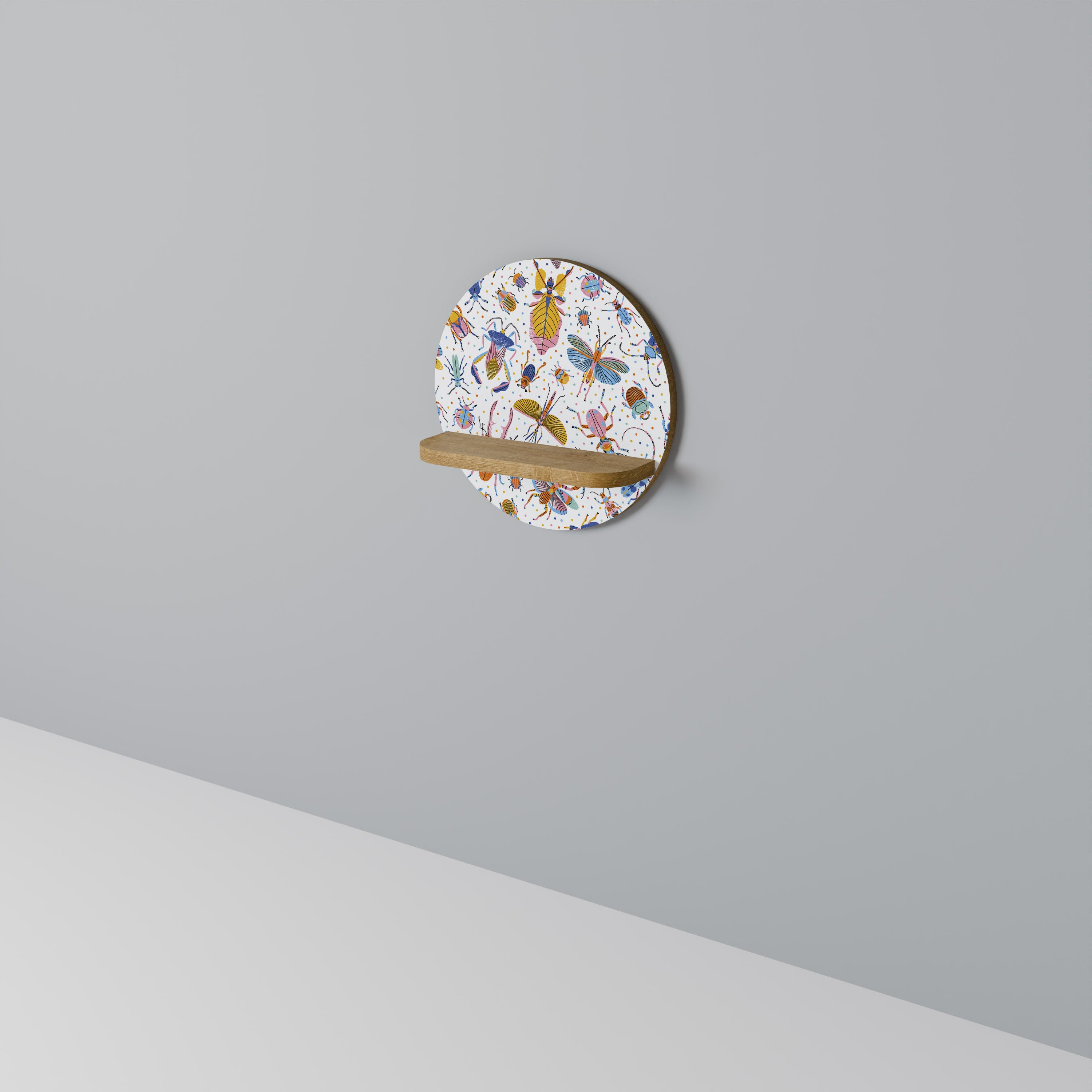 COLORFUL INSECTS Round Art Shelf In Oak Effect