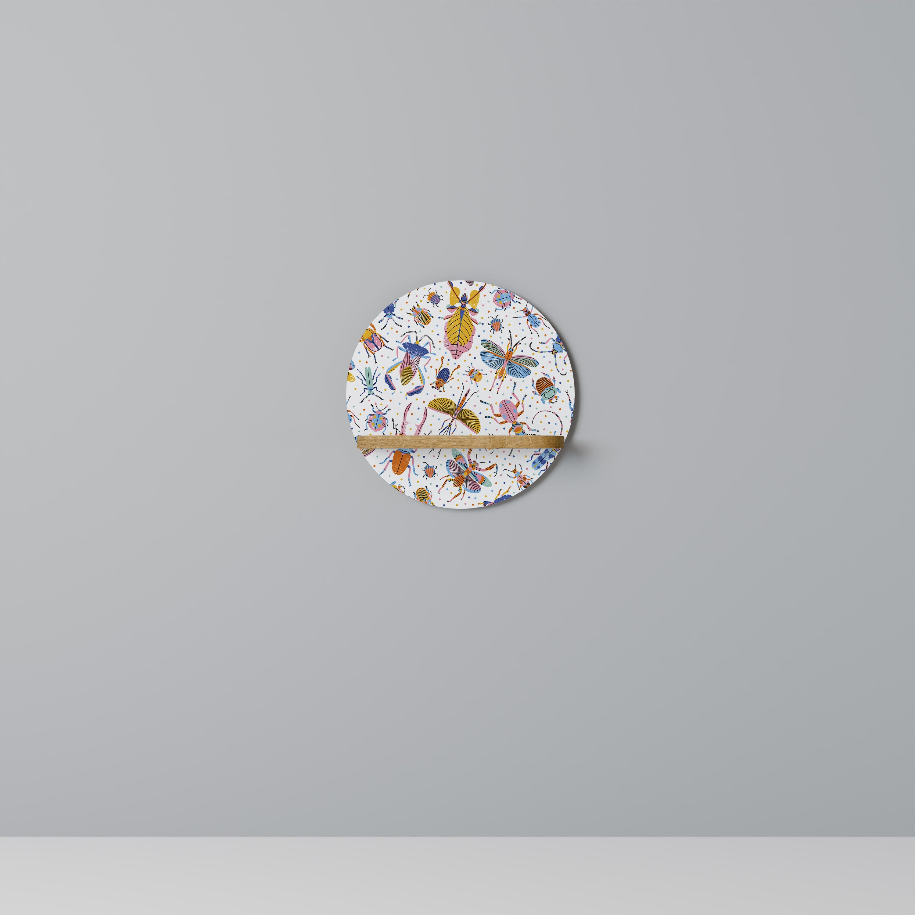 COLORFUL INSECTS Round Art Shelf In Oak Effect