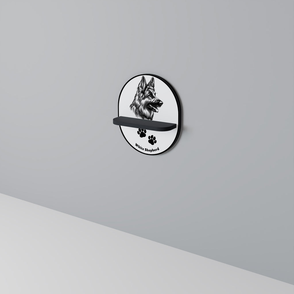 WHITE SHEPHERD DOG Oval Art Shelf In Black Finish