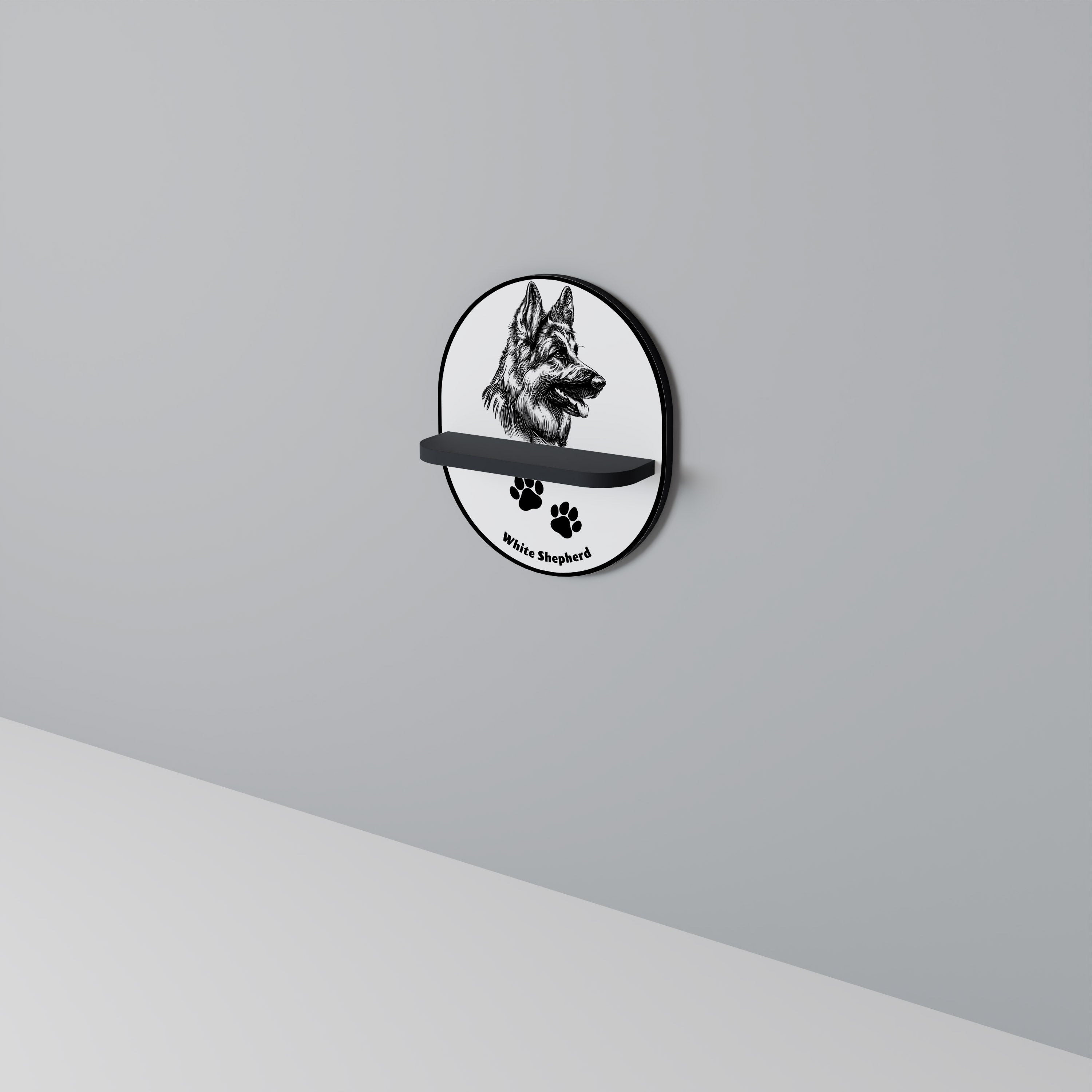 WHITE SHEPHERD DOG Oval Art Shelf In Black Finish