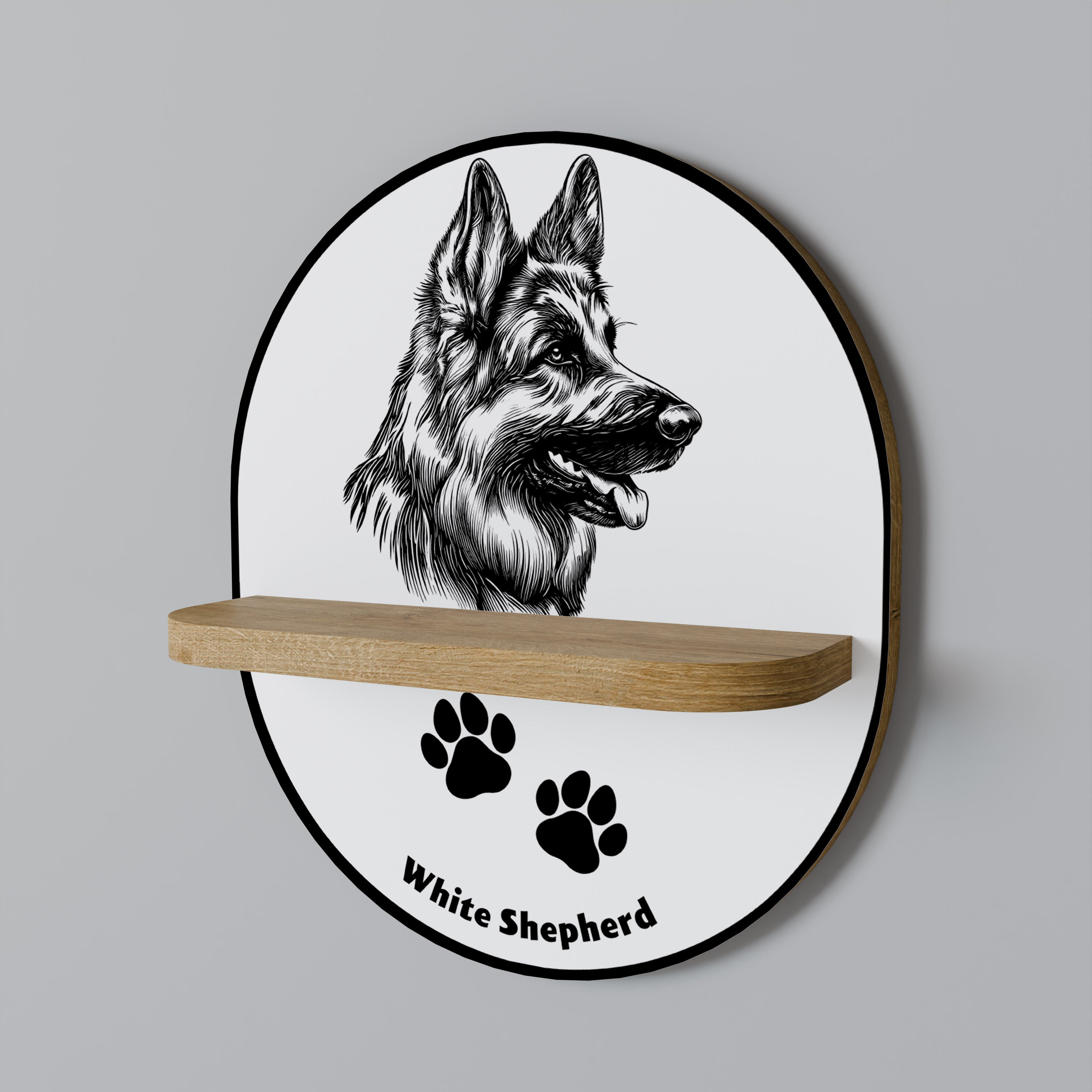 WHITE SHEPHERD DOG Oval Art Shelf In Oak Effect
