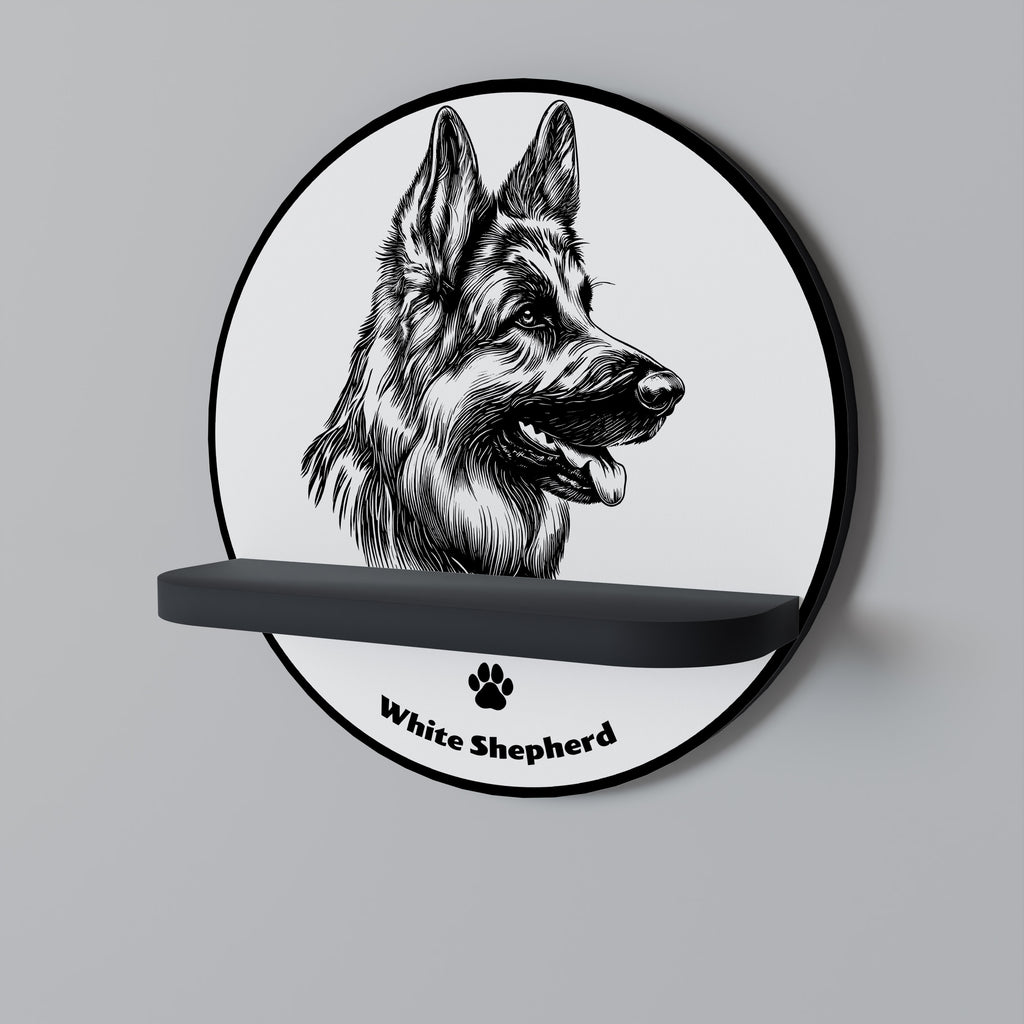 Estantería redonda de arte con diseño de perro pastor blanco y acabado negro