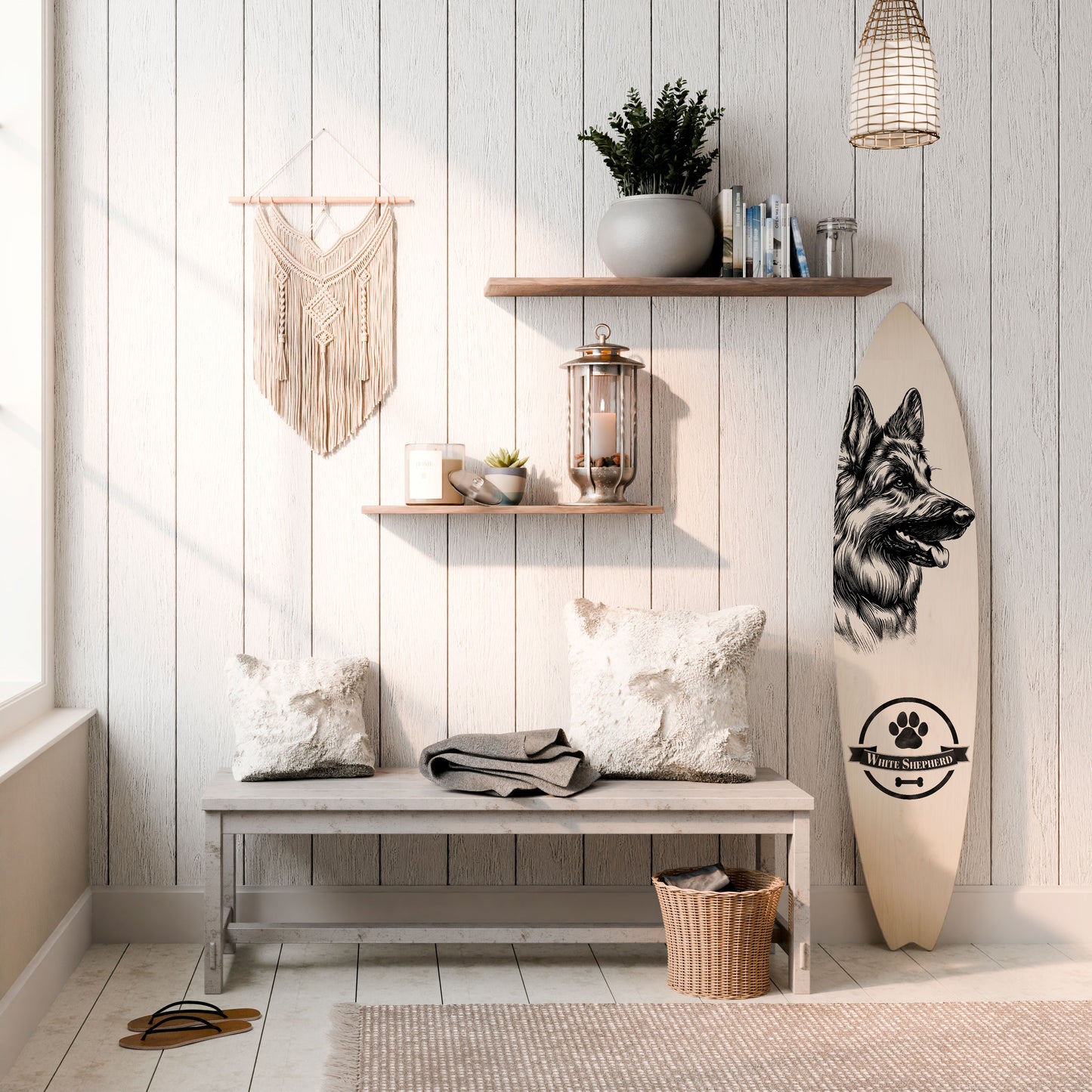 WHITE SHEPHERD DOG Panel decorativo de tabla de surf