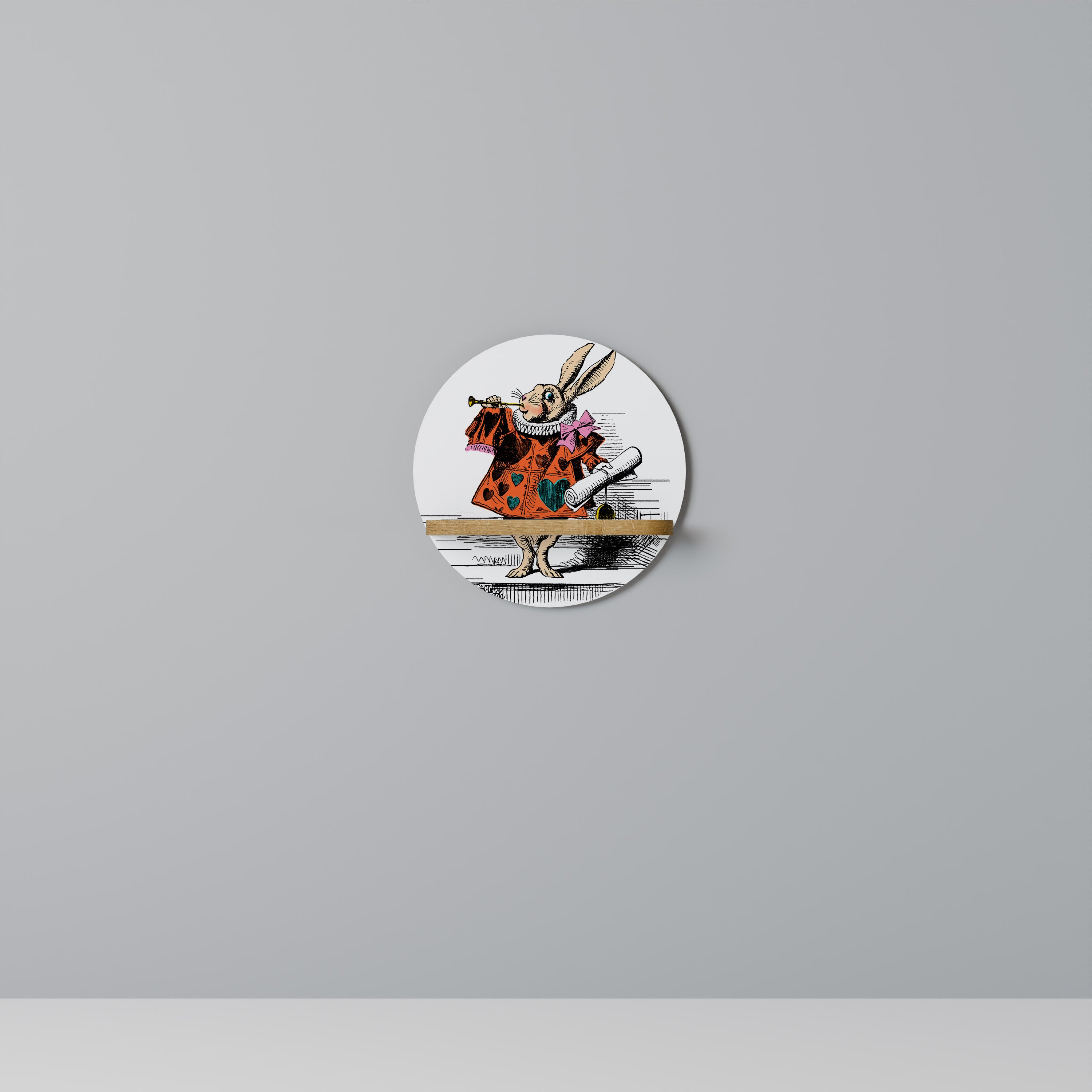 COLORFUL WHITE RABBIT Round Art Shelf In Oak Effect