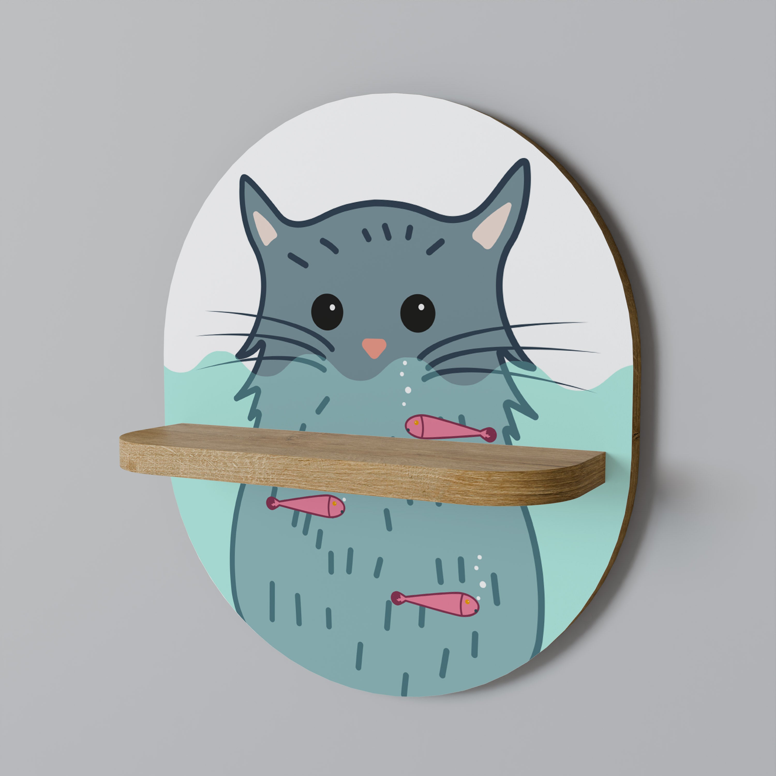 CAT SPLASH Oval Art Shelf In Oak Effect