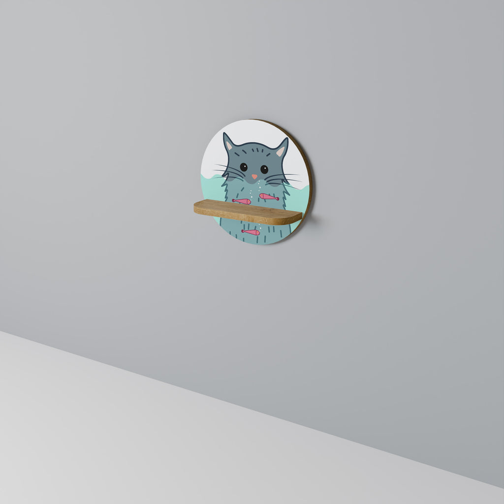 CAT SPLASH Round Art Shelf In Oak Effect